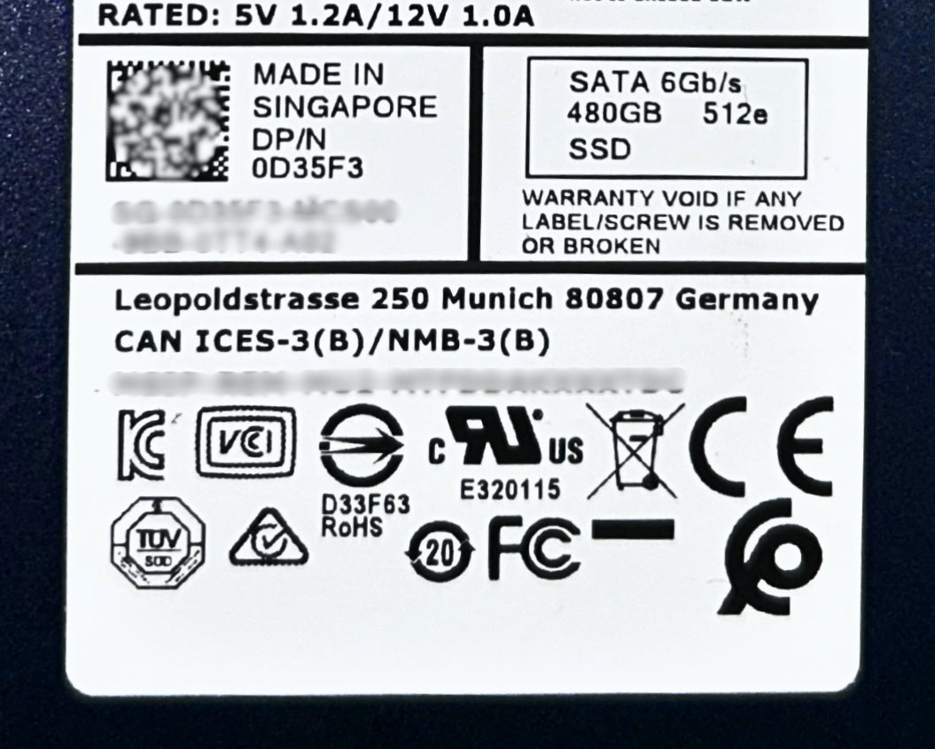 Dell D35F3 480GB SSD SATA 2.5 6G MU, Used