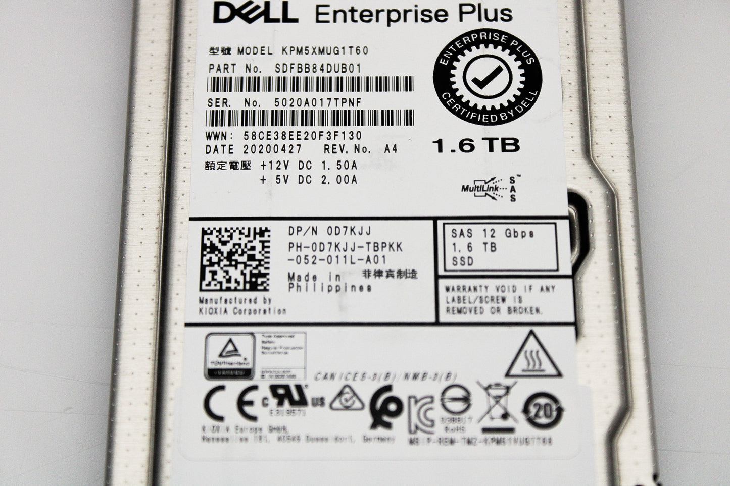 Dell D7KJJ-CML 1.6TB SSD SAS 2.5 12 WI KPM5XMUG1T60 / SDFBB84DUBB01, Used