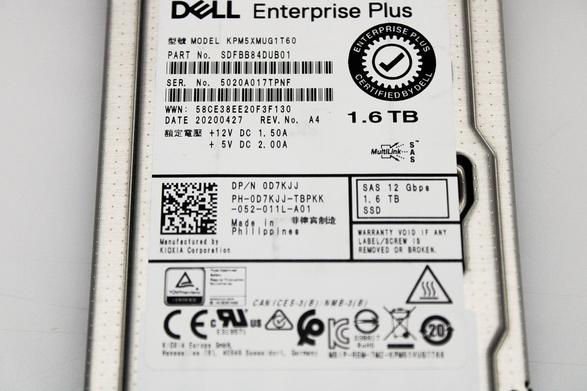 Dell D7KJJ-CML 1.6TB SSD SAS 2.5 12 WI KPM5XMUG1T60 / SDFBB84DUBB01, Used