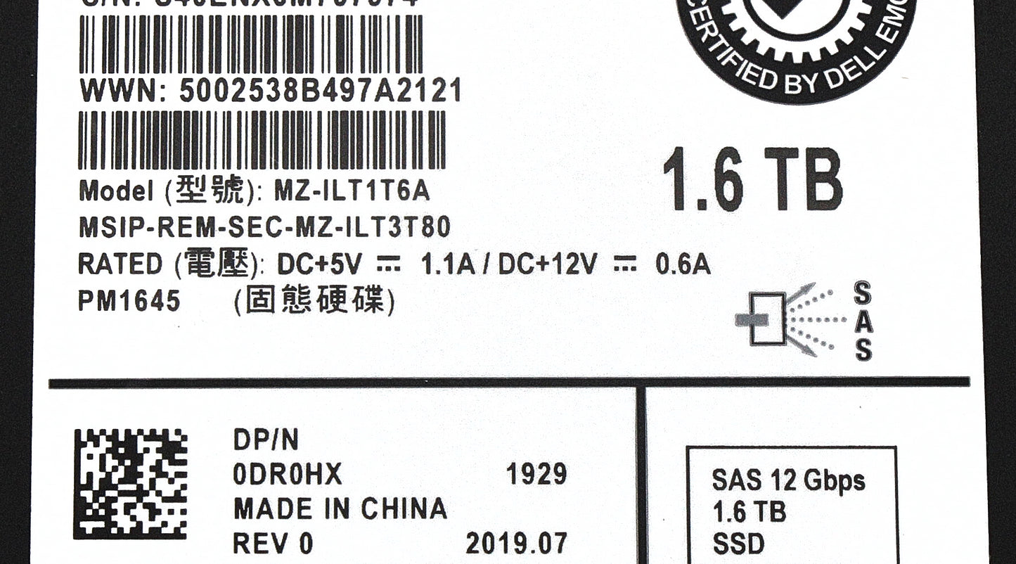Dell DR0HX 1.6TB SSD SAS 2.5 12G MU PM1645 MZIILT1T9HAJQ0D3/MZ-ILT1T6A, Used