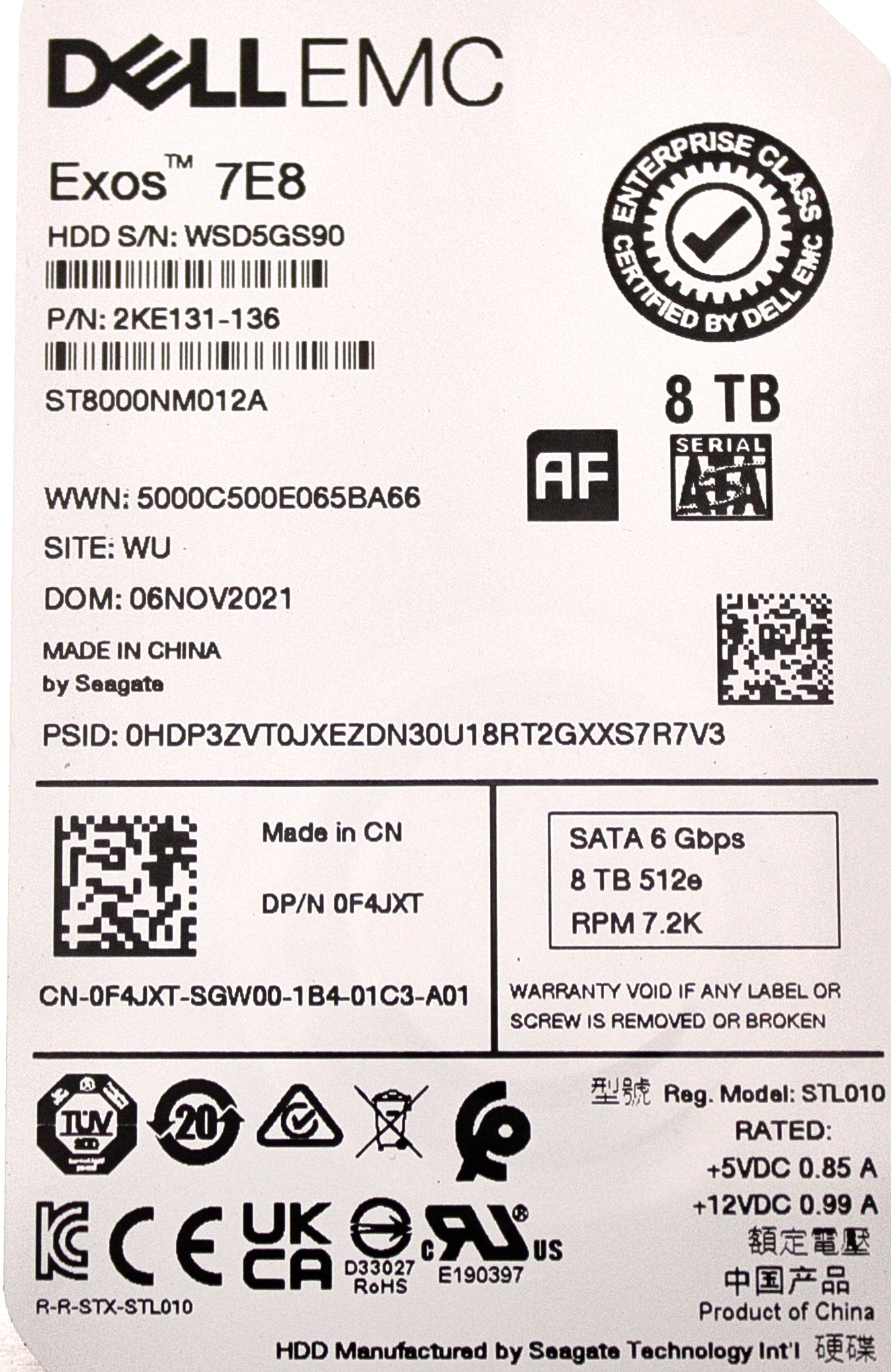 Dell F4JXT 8TB 7.2K SATA 3.5 6G 512e ISE 256g ST8000NM012A /2KE131-136, Used