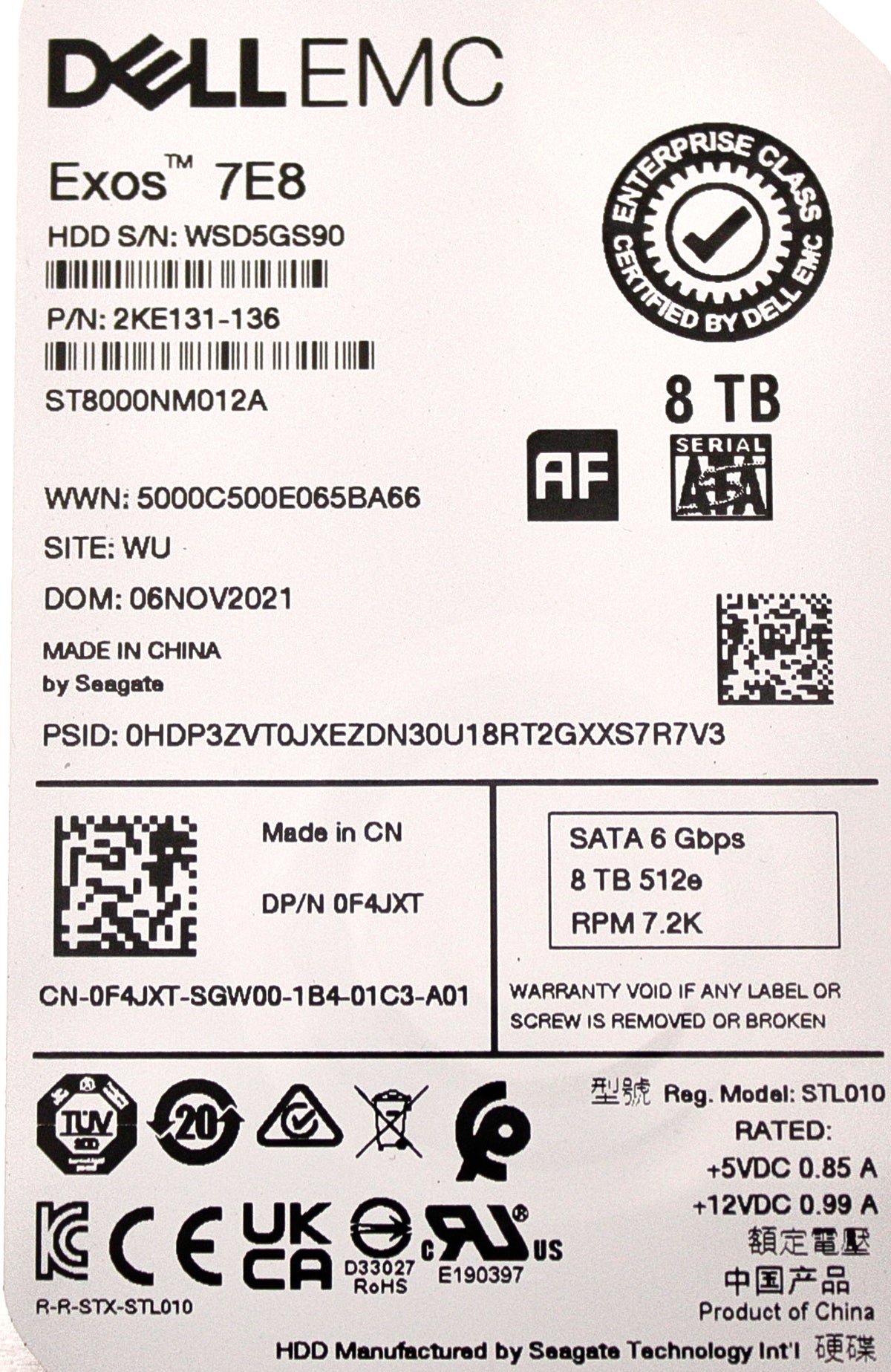 Dell F4JXT 8TB 7.2K SATA 3.5 6G 512e ISE 256g ST8000NM012A /2KE131-136, Used