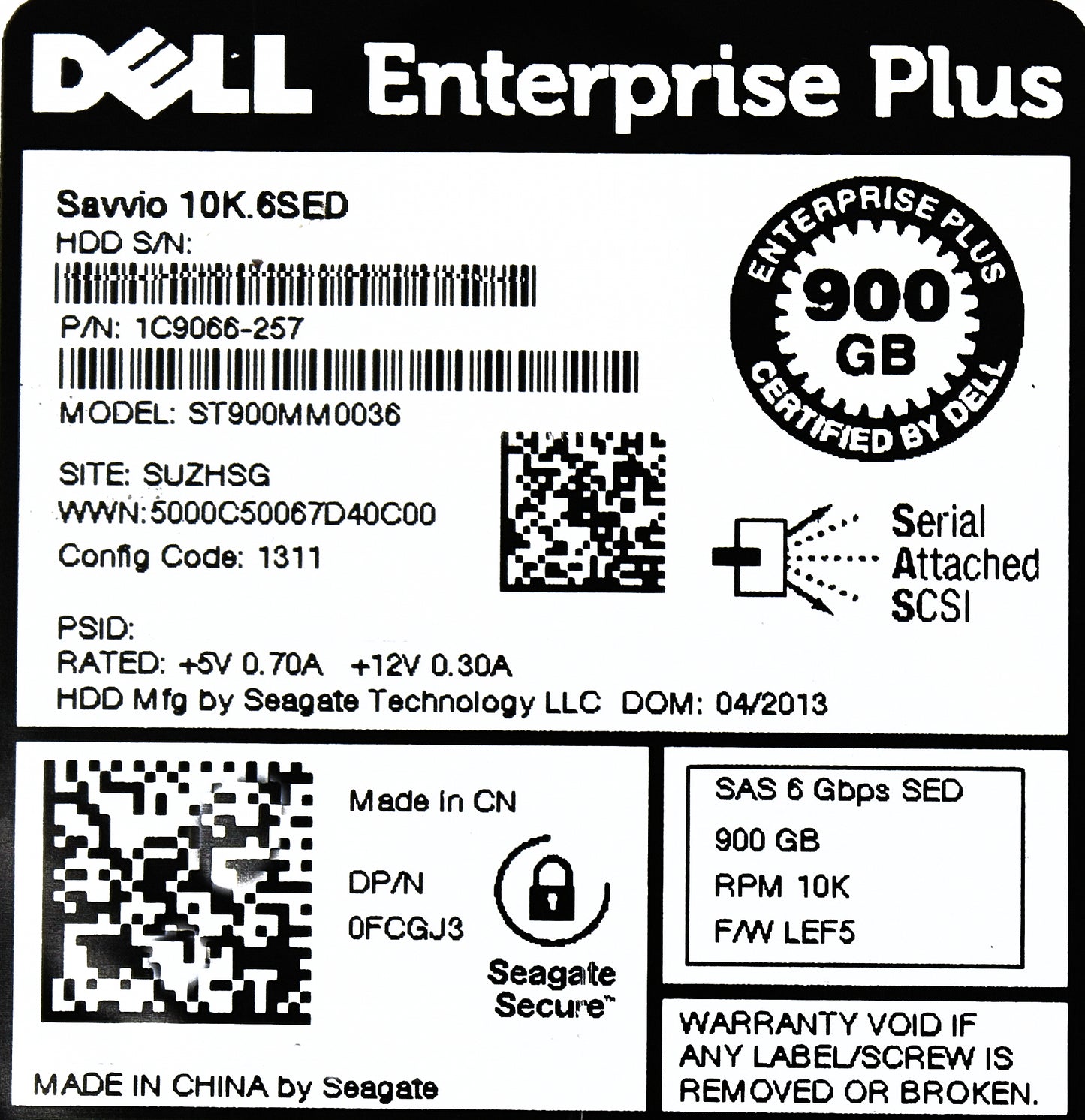 Dell FCGJ3 900GB 10K SAS 2.5 6G SED 1C9066-257, Used