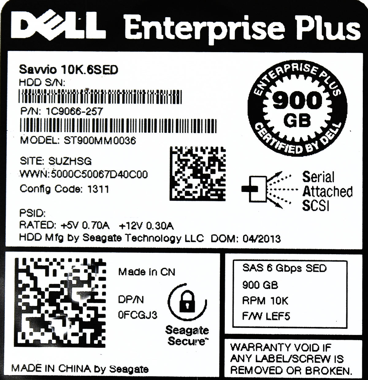 Dell FCGJ3 900GB 10K SAS 2.5 6G SED 1C9066-257, Used