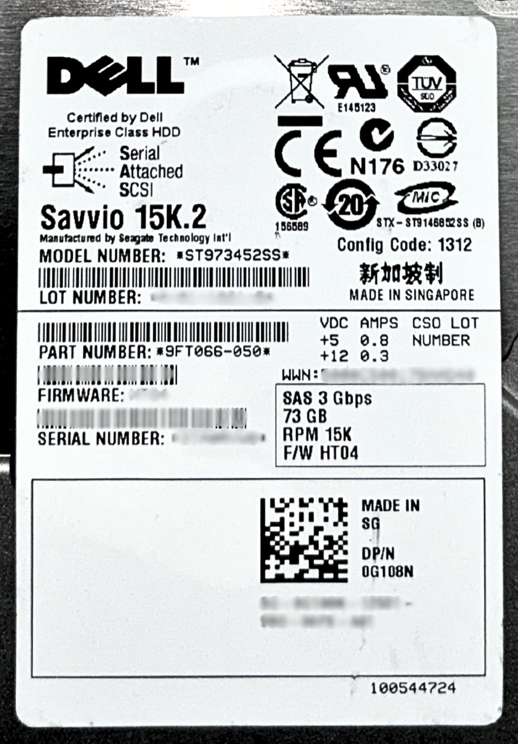 Dell G108N 73GB 15K SAS 2.5 3G ST973452SS, Used