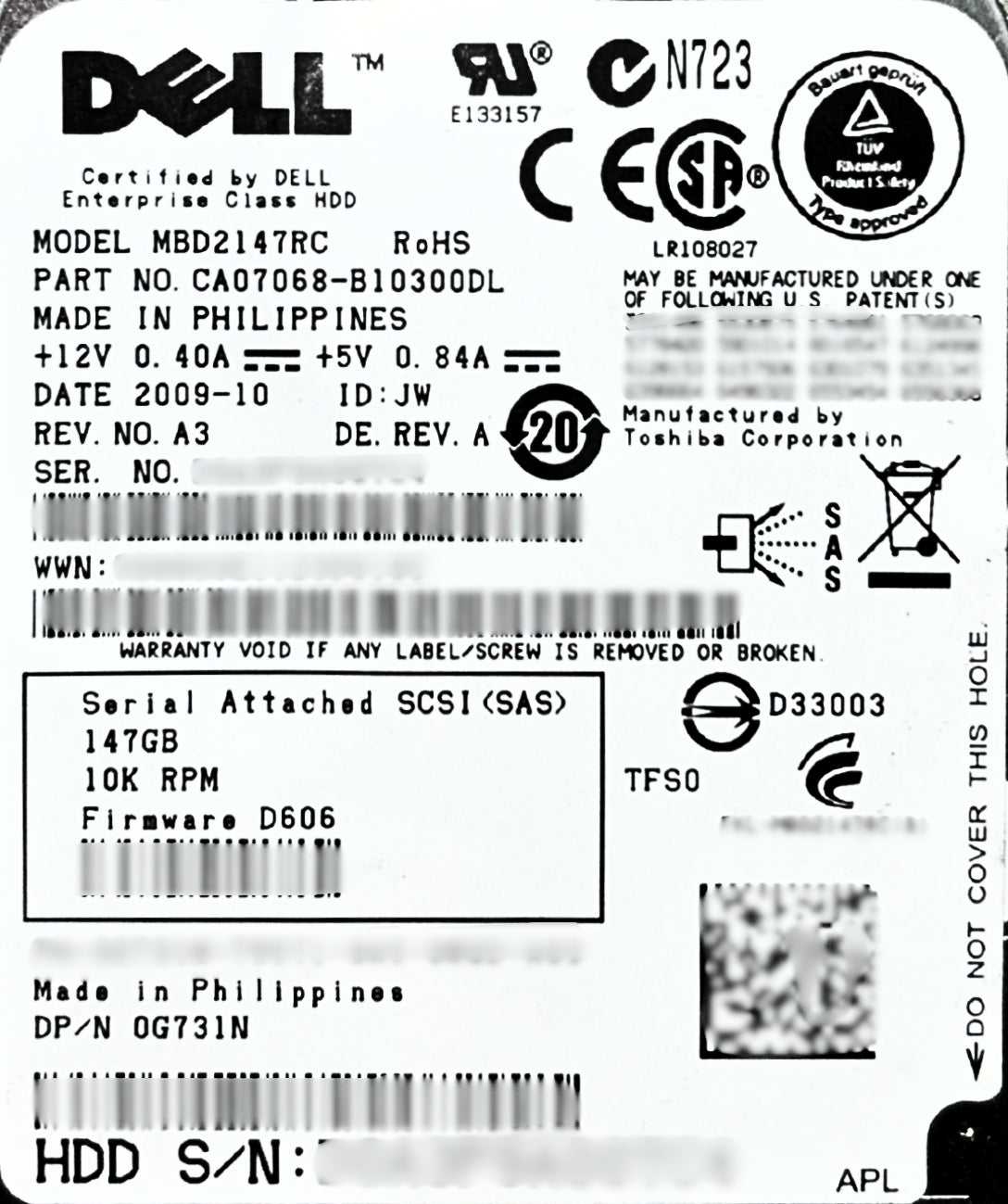 Dell G731N 146GB 10K SAS 2.5 6G MBD2147RC / CA07068-B10300DL, Used