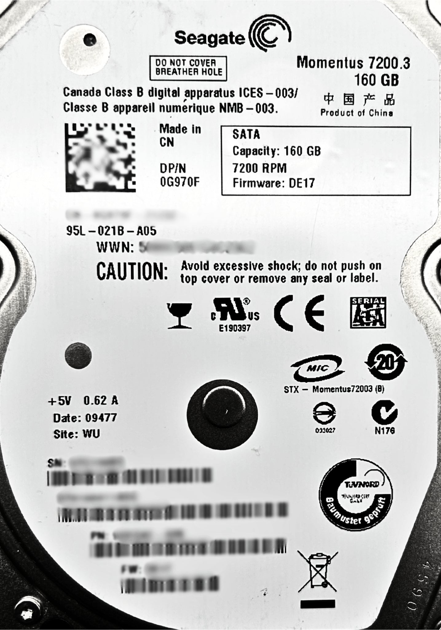 Dell G970F 160GB 7.2K SATA 2.5 3G ST9160411ASG, Used