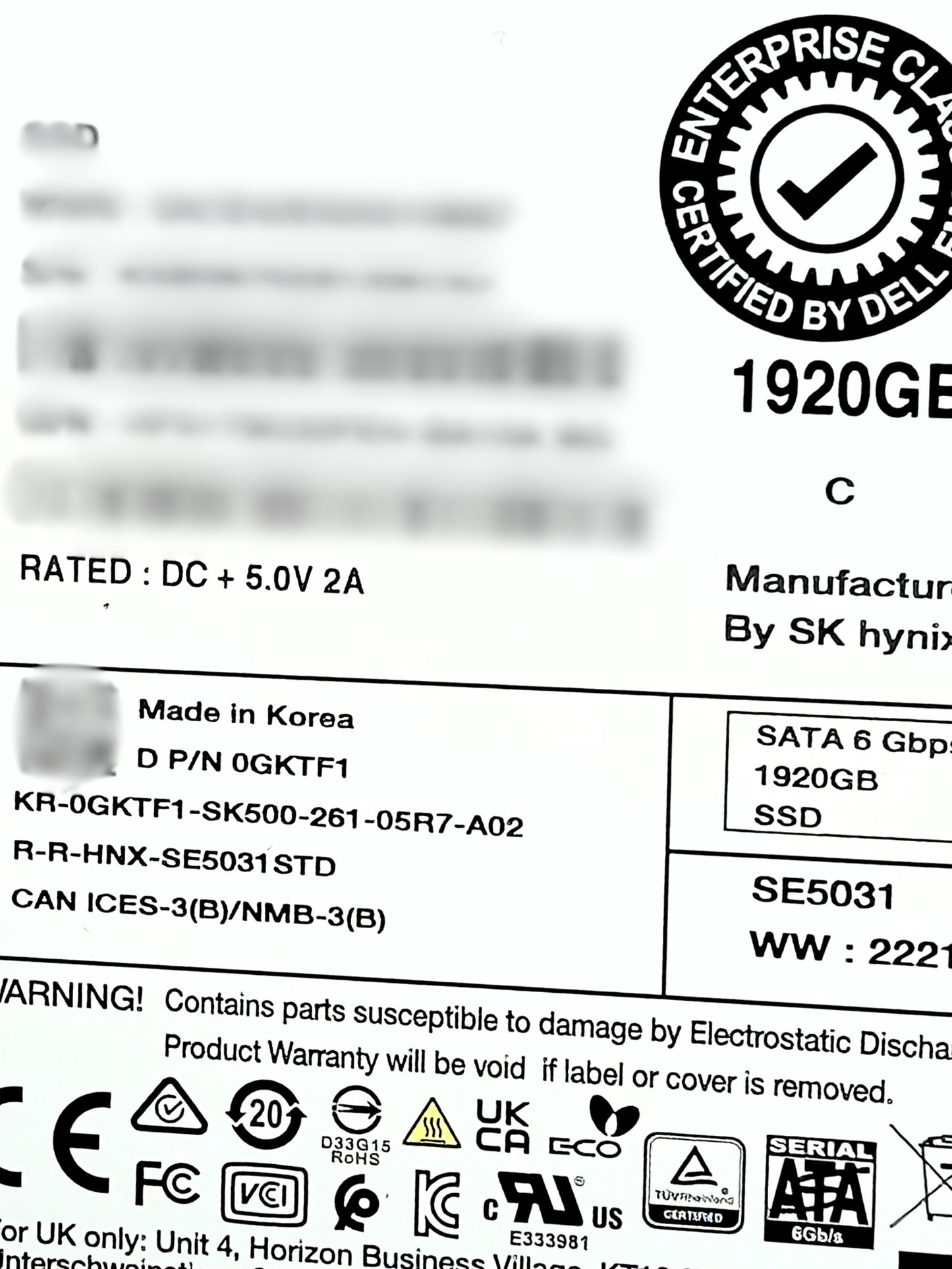 Dell GKTF1 1.92TB SSD SATA 2.5 Inch 6G MU TLC SE5031, Used