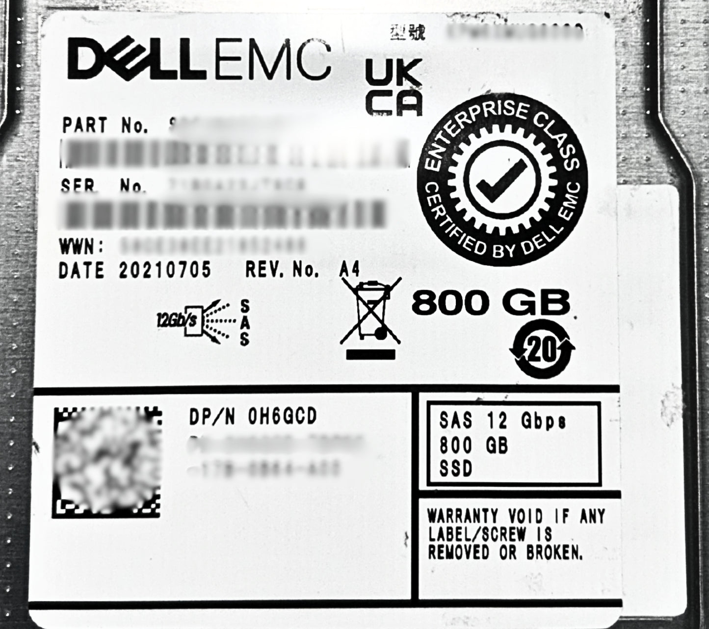 Dell H6GCD 800GB SSD SAS 2.5 12G HDD KPM6XMUG800G / SDFUN85DAB02T, Used