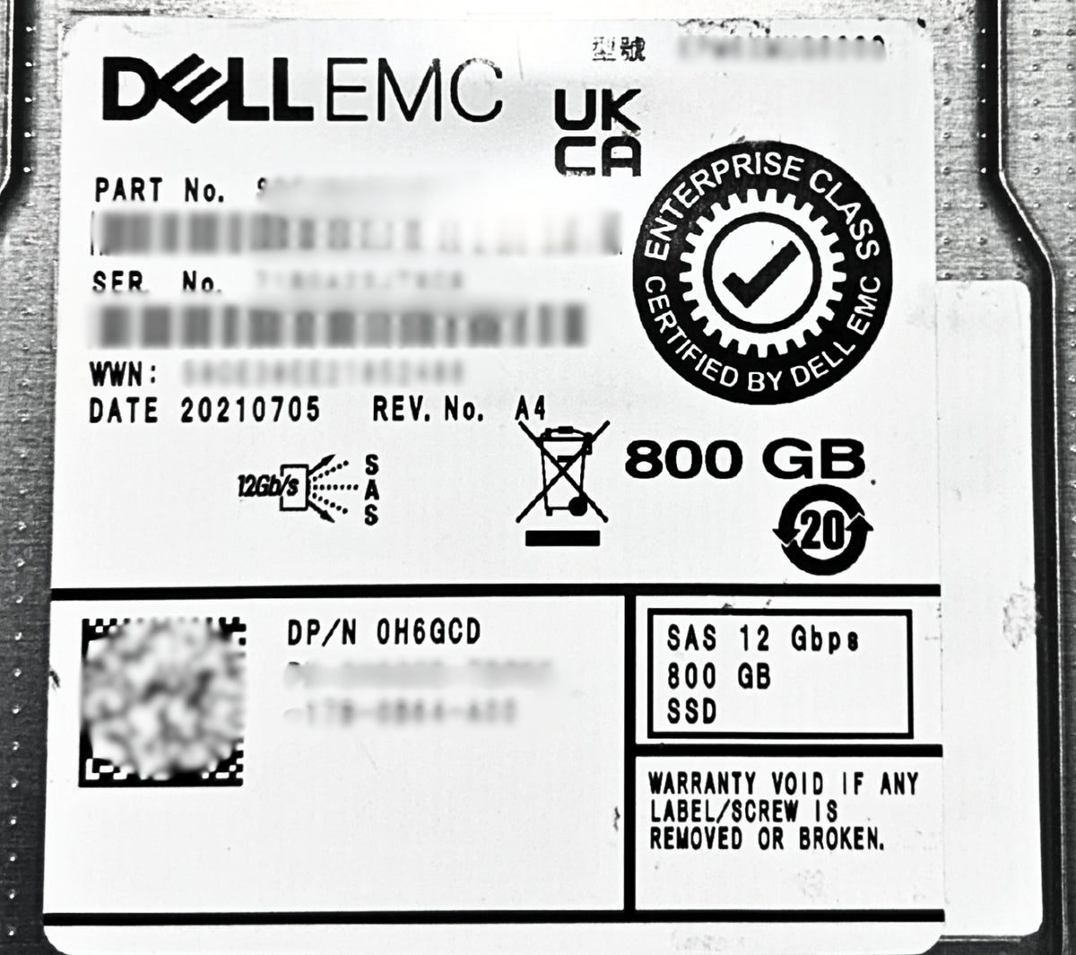 Dell H6GCD 800GB SSD SAS 2.5 12G HDD KPM6XMUG800G / SDFUN85DAB02T, Used