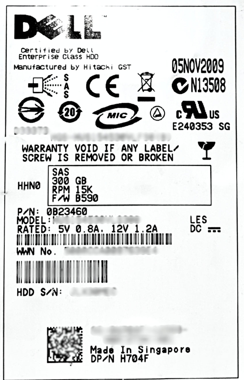 Dell H704F 300GB 15K SAS 3.5 3G 16M HDD, Used