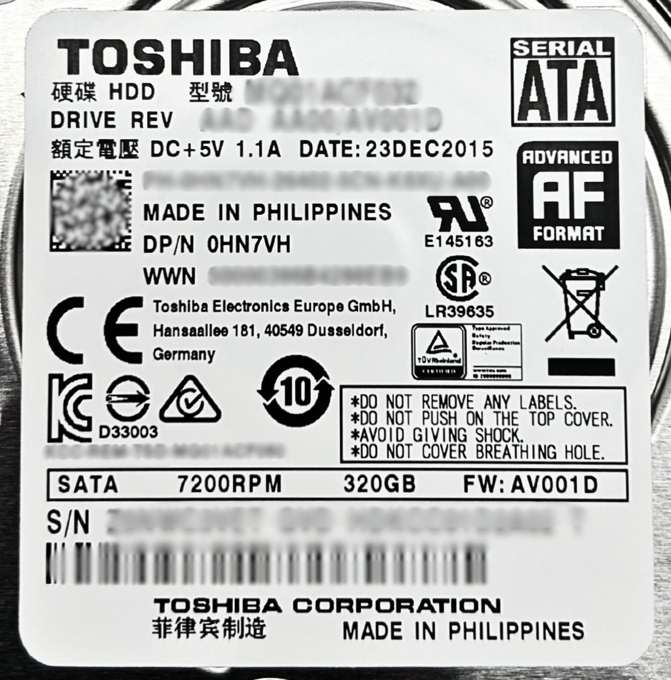 Dell HN7VH 320GB 7.2K SATA 2.5 6G MQ01ACF032, Used