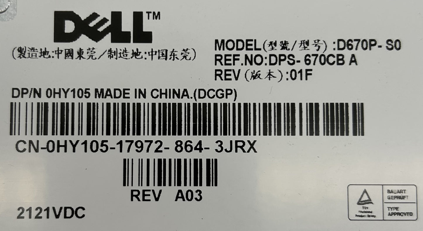 Dell HY105 670W Redundant Power Supply PE1950, Used