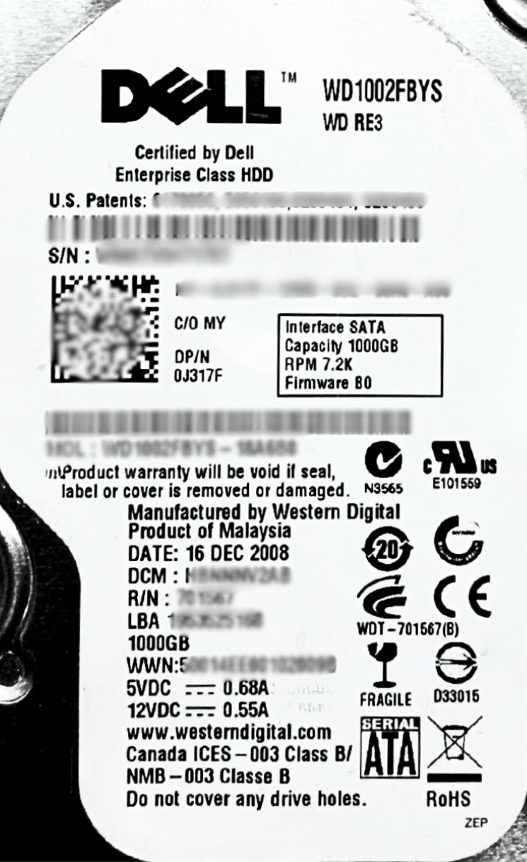 Dell J317F 1TB 7.2K SATA 3.5 3G EP WD1002FBYS-, Used