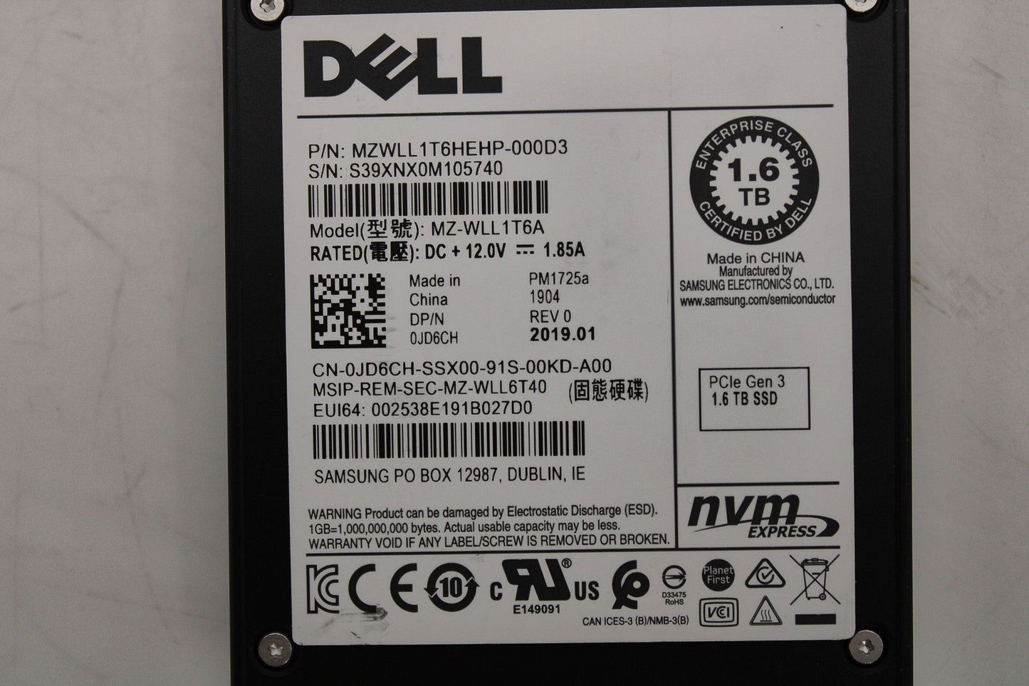 Dell JD6CH 1.6TB SSD 2.5 NVME MZWLL1T6HEHP-000D3 / MZ-WLL1T6A PM1725a, Used