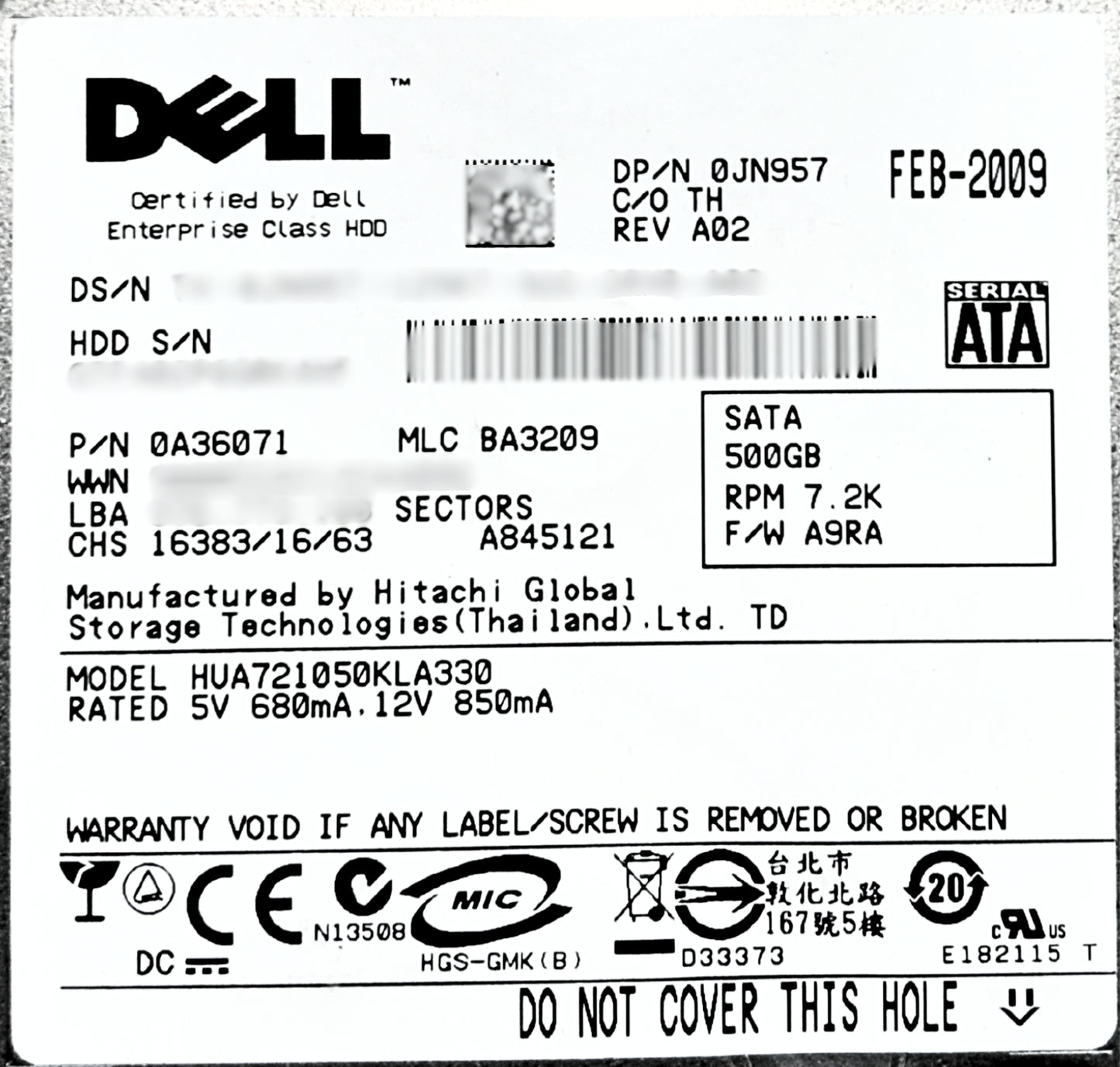 Dell JN957 500GB 7.2K SATA 3G 3.5" EP HUA721050KLA330 / 0A36071, Used