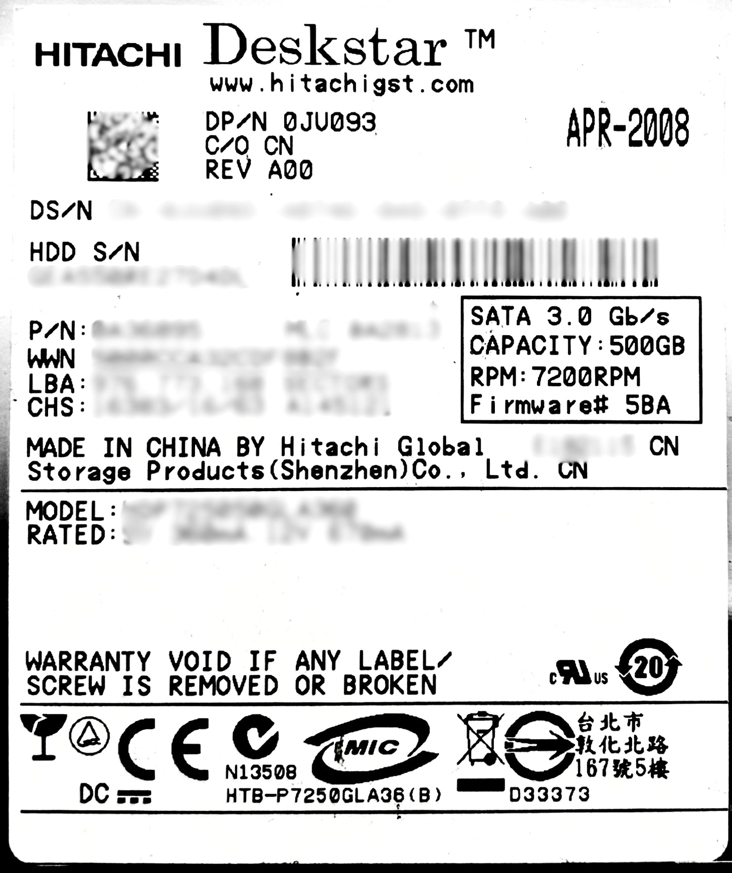 Dell JU093 500GB 7.2K SATA 3.5 3G, Used