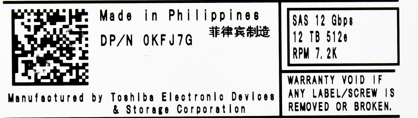 Dell KFJ7G 12TB 7.2K SAS 3.5 12G MF07SCA12TEY / HDEPM41DAB51, Used