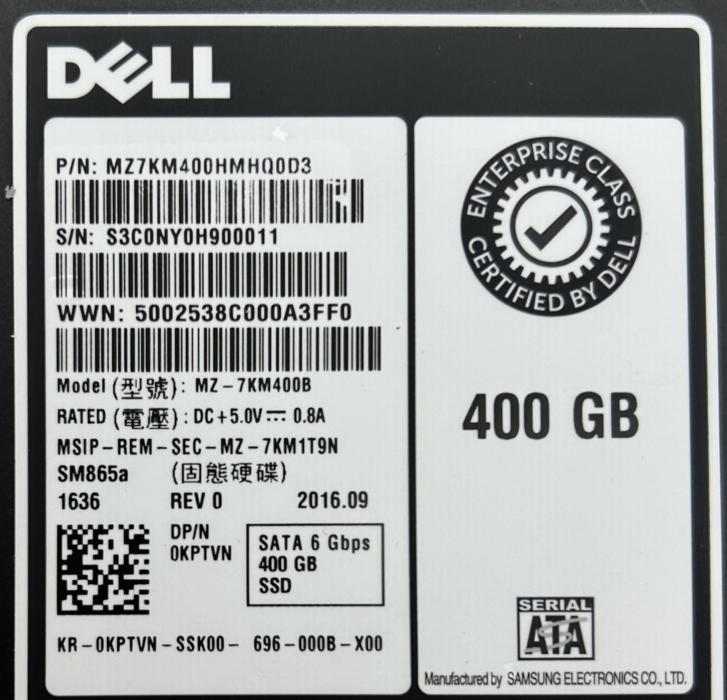 Dell KPTVN 600GB SSD Sata 2.5 6g wi ep sm865a, Used