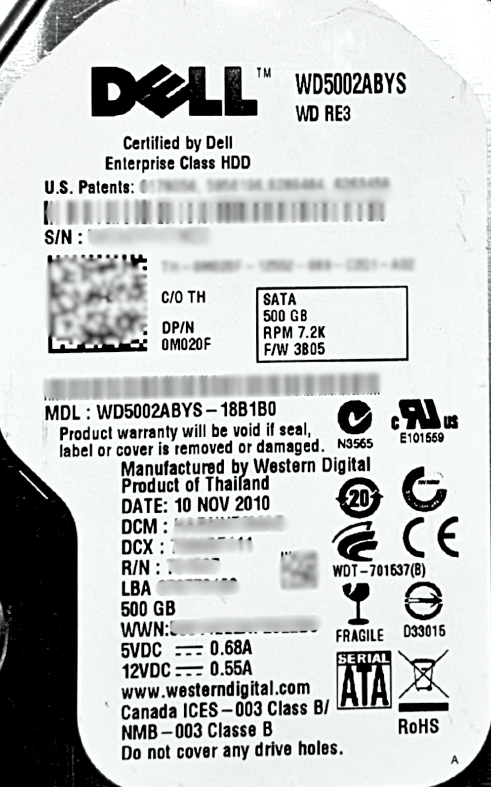 Dell M020F 500GB 7.2K SATA 3.5 3G WD HDD, Used