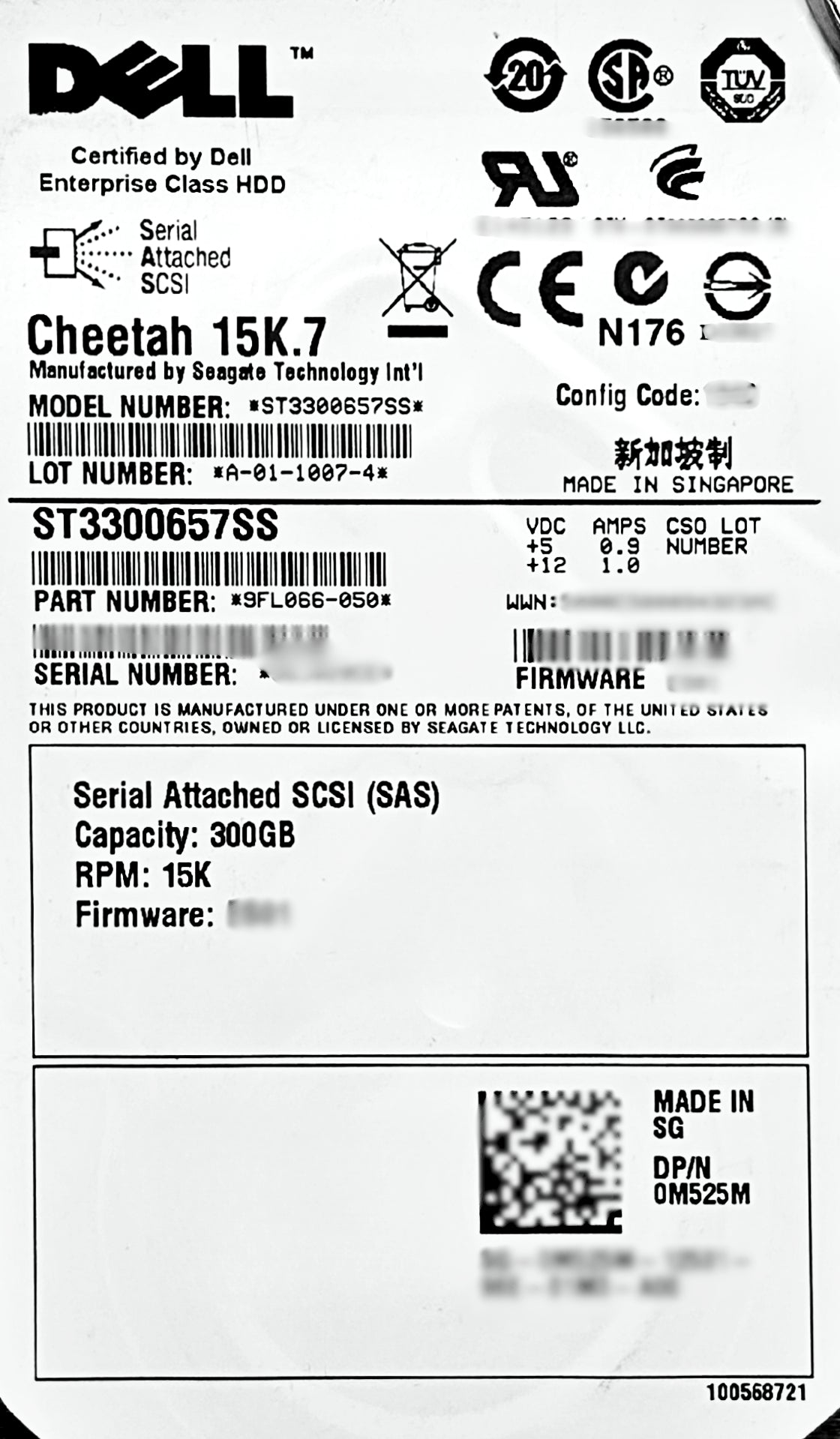 Dell M525M 300GB 15K SAS 3.5 6G HDD, Used