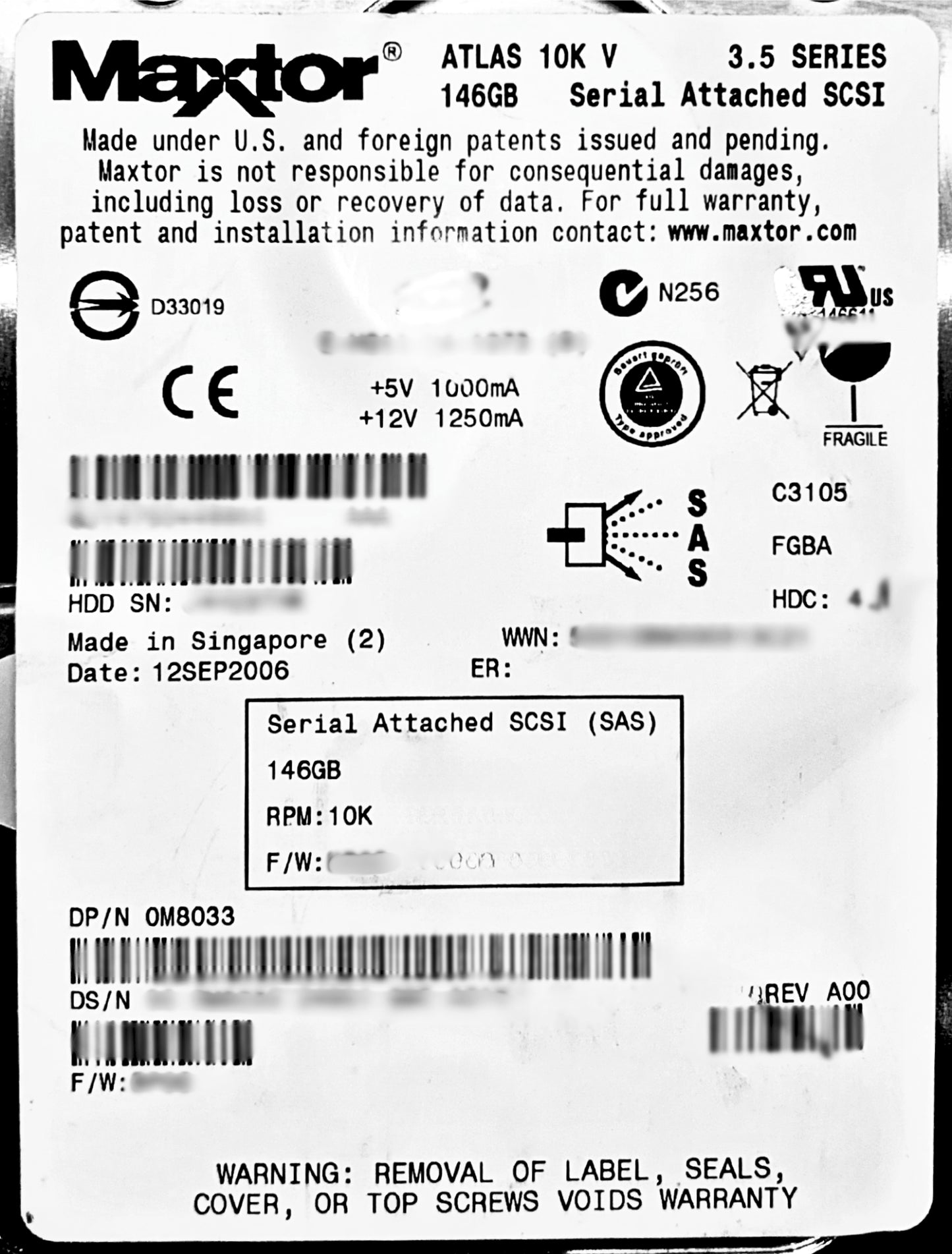 Dell M8033 146GB 10K SAS 3.5 3G 8J147S0448855, Used