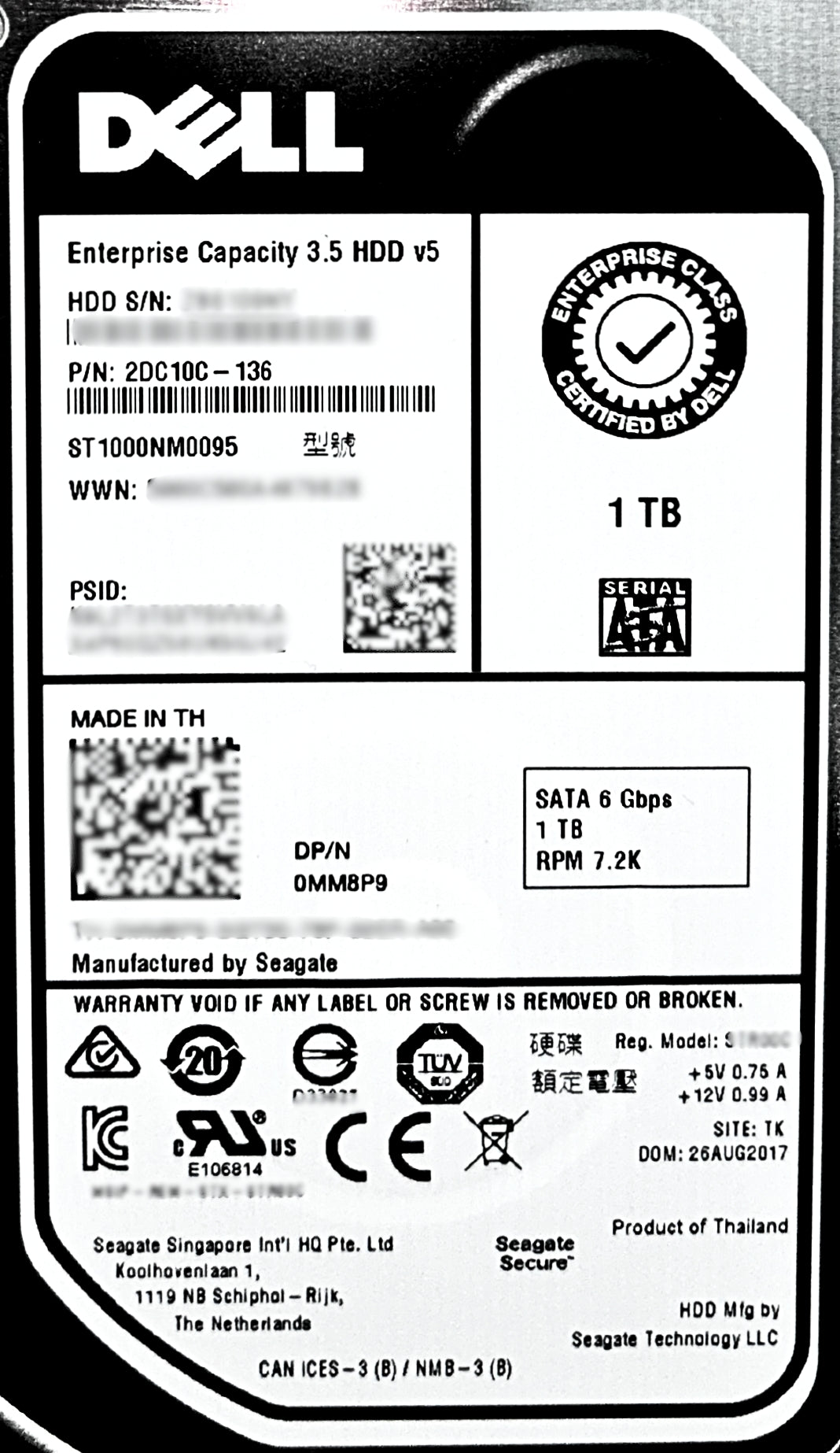 Dell MM8P9 1TB 7.2K SATA 3.5 6G EP ST1000NM0095 / 2DC10C-136, Used