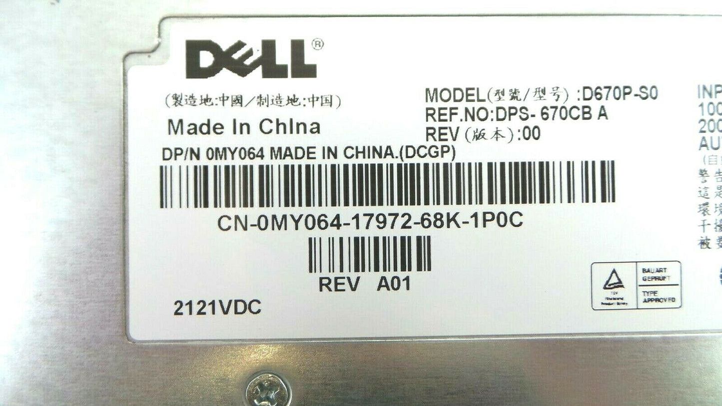 Dell 0MY064 PowerEdge 1950 670W Redundant Power Supply, Used