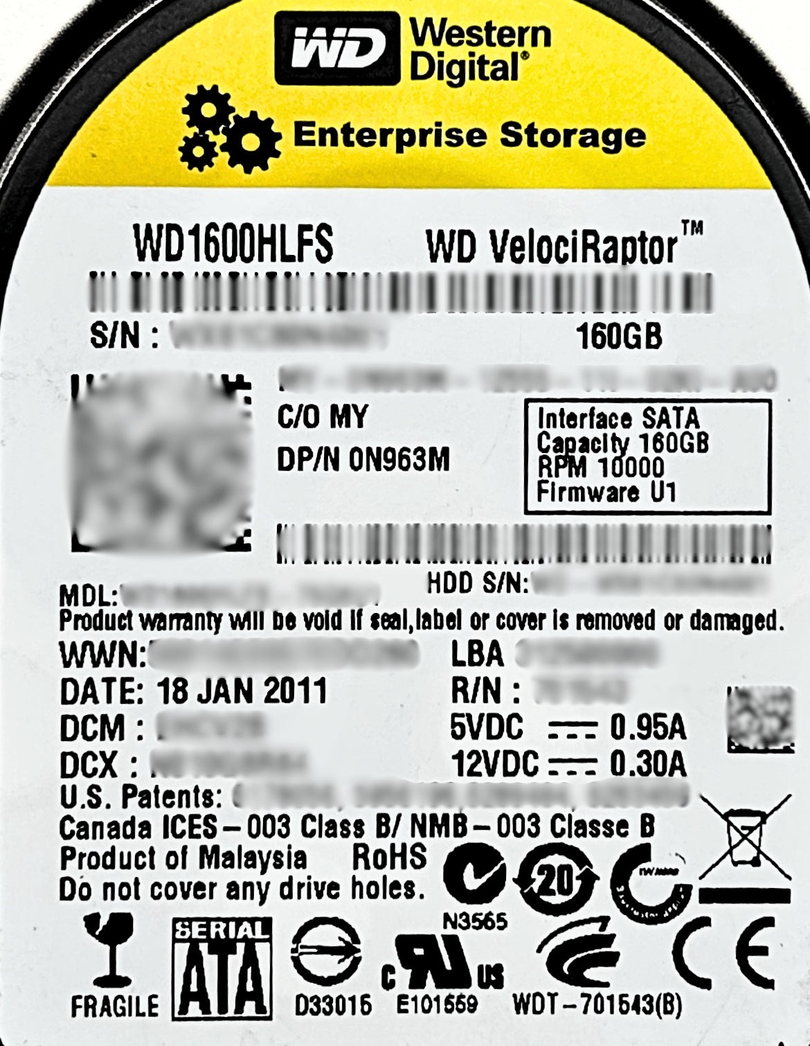 Dell N963M 160GB 10K SATA 2.5/3.5 Hybrid Tray, Used