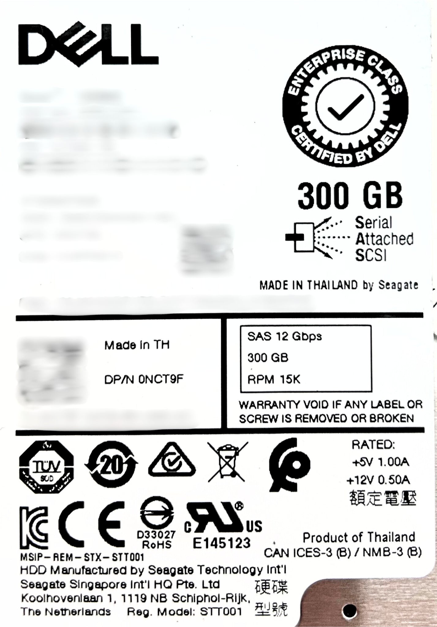 Dell NCT9F 300GB 15K SAS 2.5 12G HDD, Used