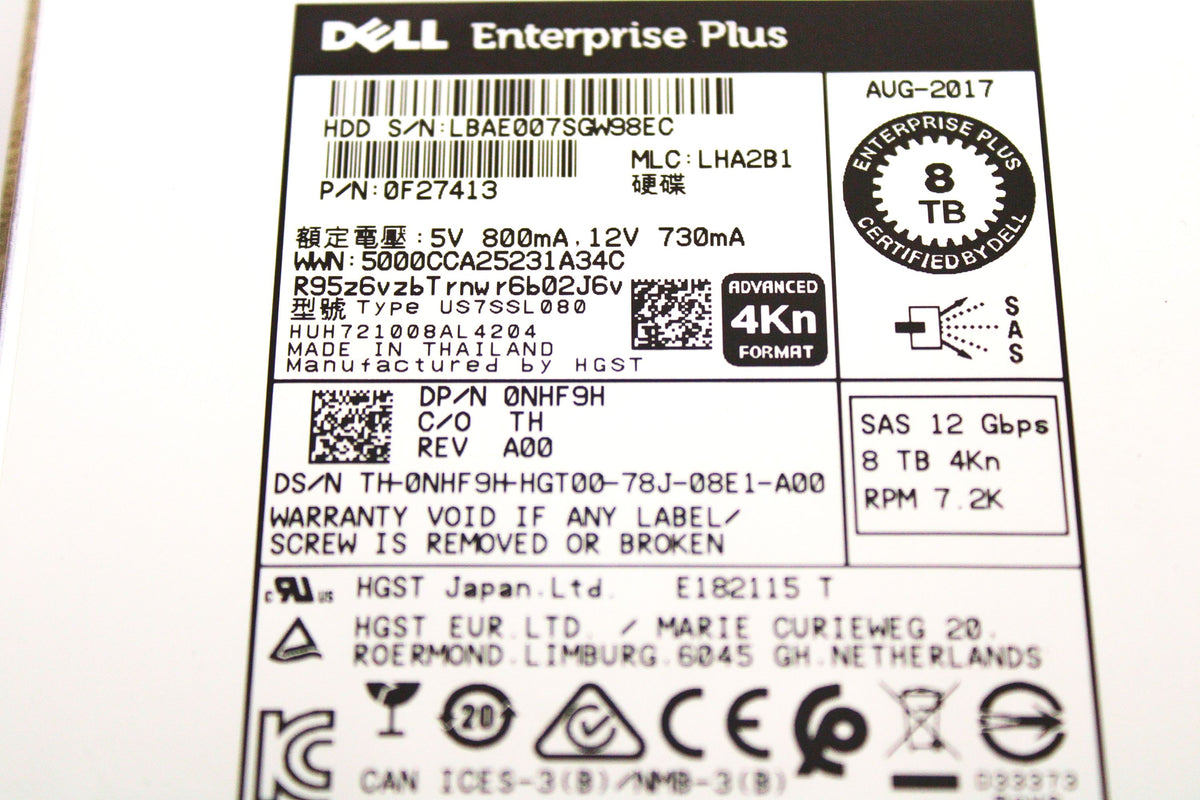 Dell NHF9H-CML 8TB 7.2K SAS 3.5 12G 4K HUH721008AL4204 / 0F27413 Value level FW, Used