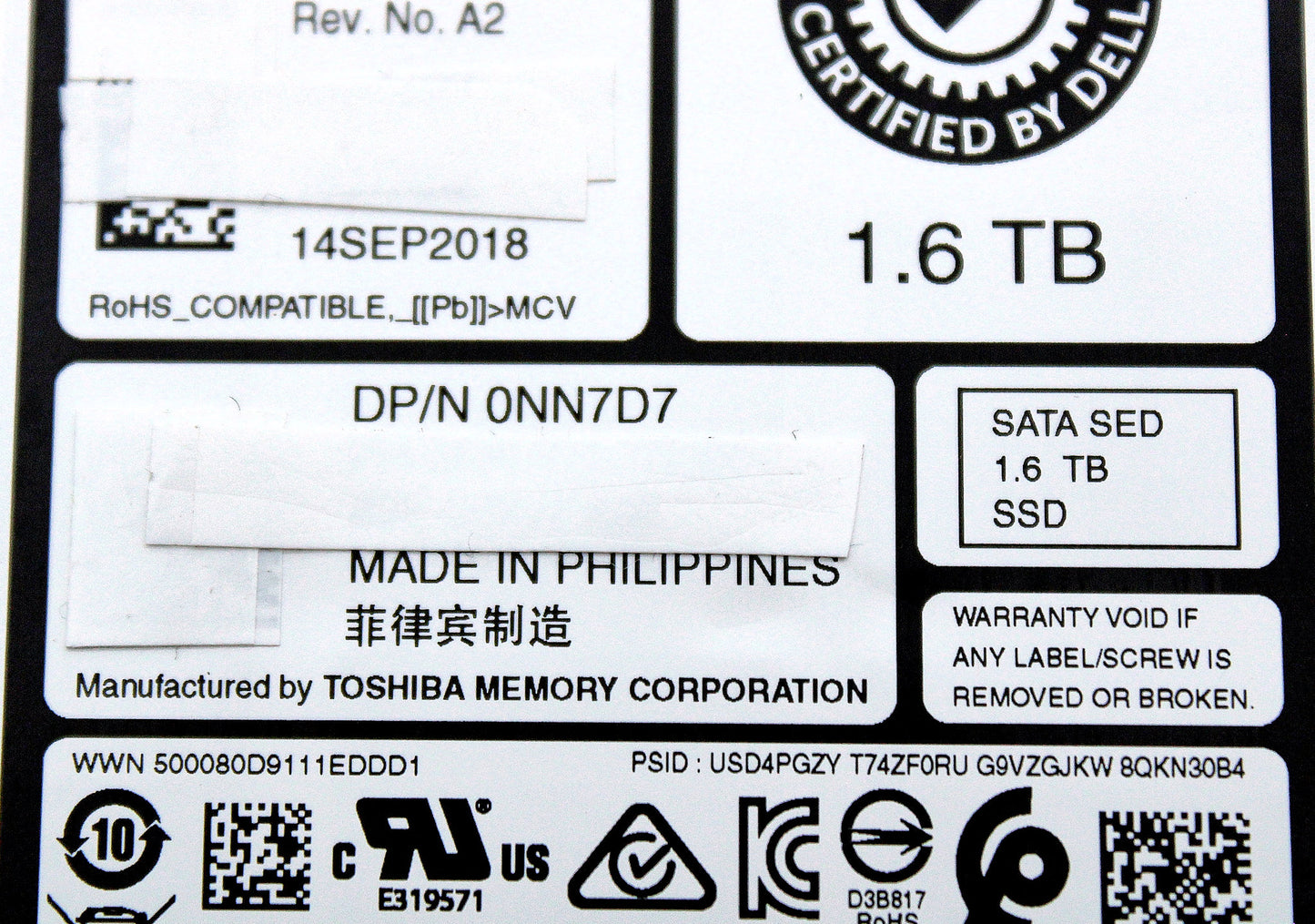 Dell NN7D7 1.6TB SSD SATA 2.5 6G MU SED THNSF81Q60CSE, Used