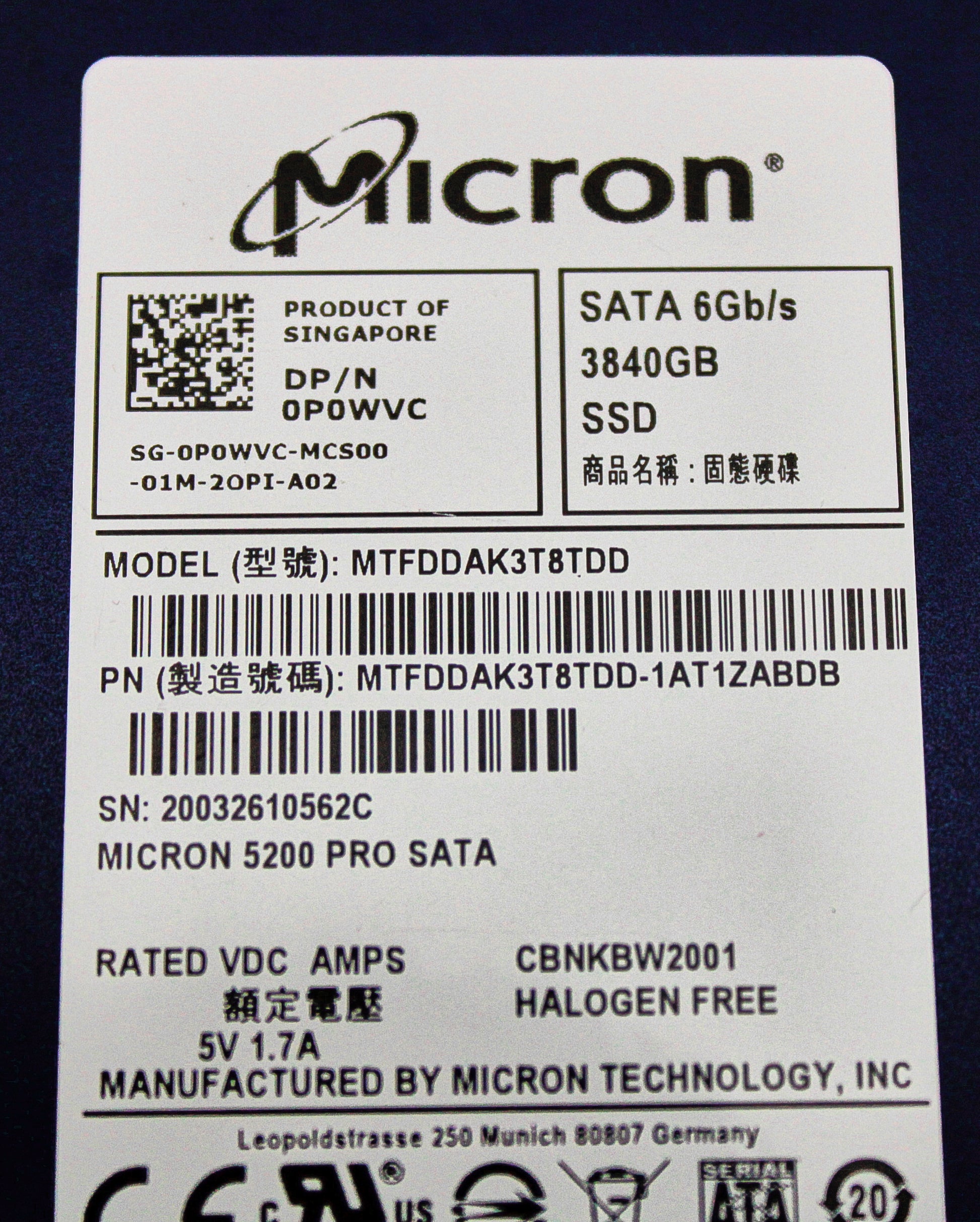 Dell P0WVC 3.84TB SSD SATA 2.5 6G MTFDDAK3T8TDD / MTFDDAK3T8TDD-1AT1ZAB, Used