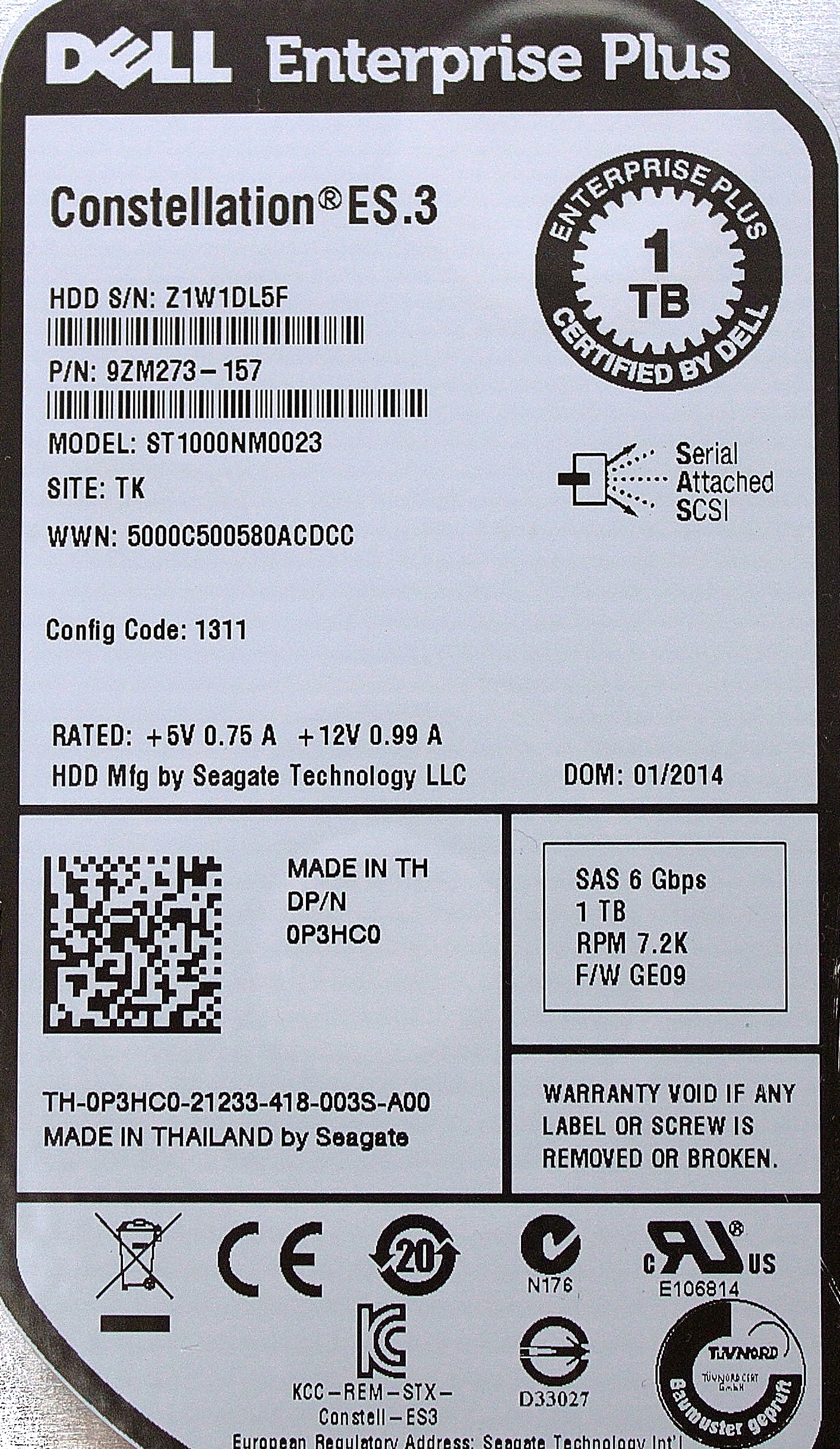 Dell P3HC0-EQL 1TB 7.2K SAS 3.5 6G EP+ HDD, Used