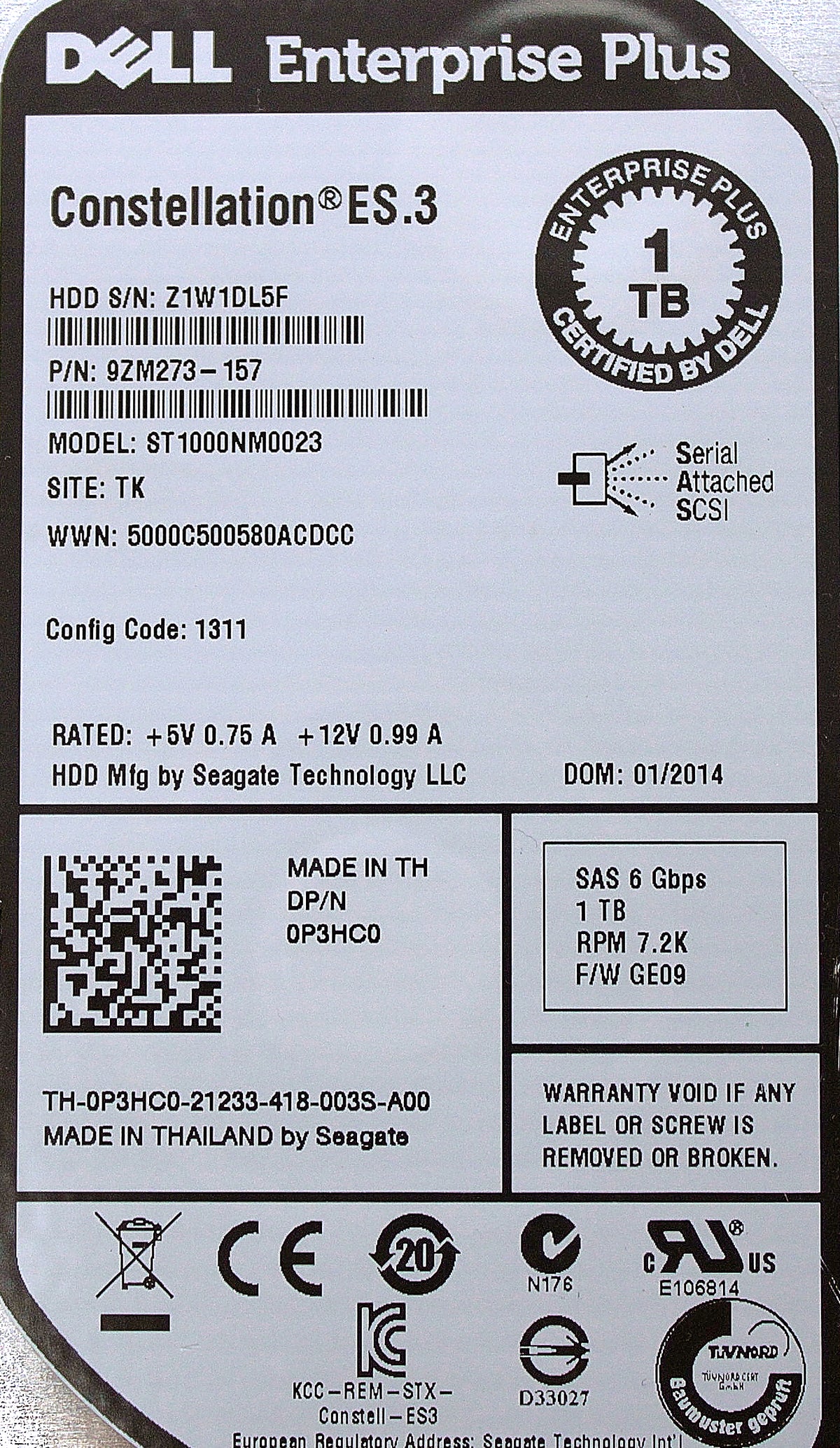 Dell P3HC0-EQL 1TB 7.2K SAS 3.5 6G EP+ HDD, Used