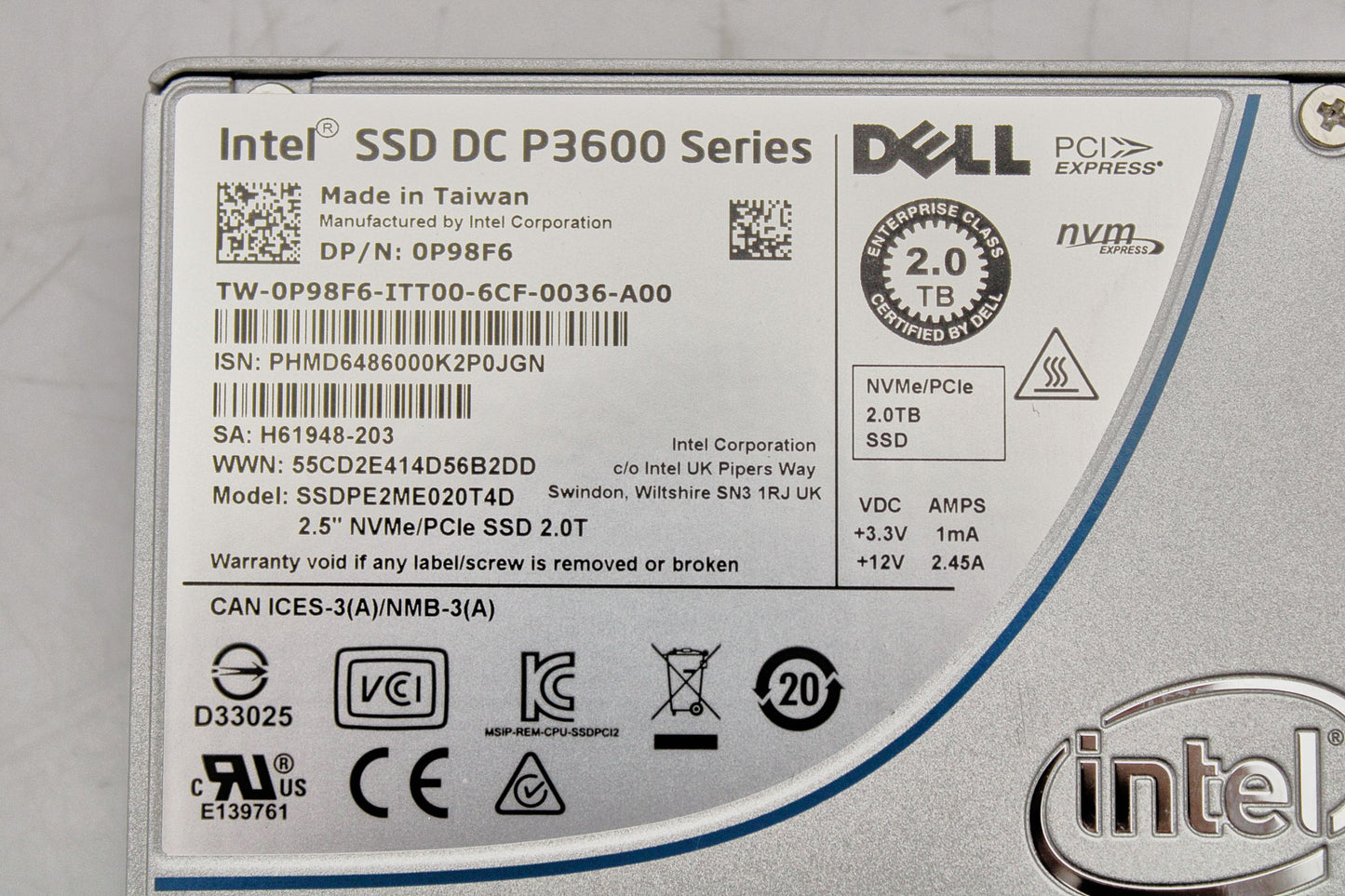 Dell P98F6 2TB SSD NVME U.2 PCIE 2.5 MU EP INTEL P3600 SSDPE2ME020T4D, New No Box