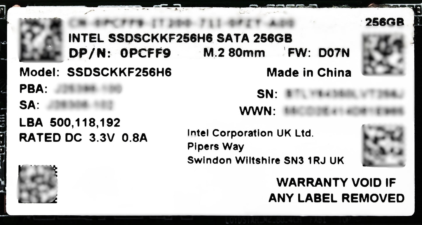 Dell PCFF9 256GB SSD M.2 SATA 2280 INTEL (2), Used