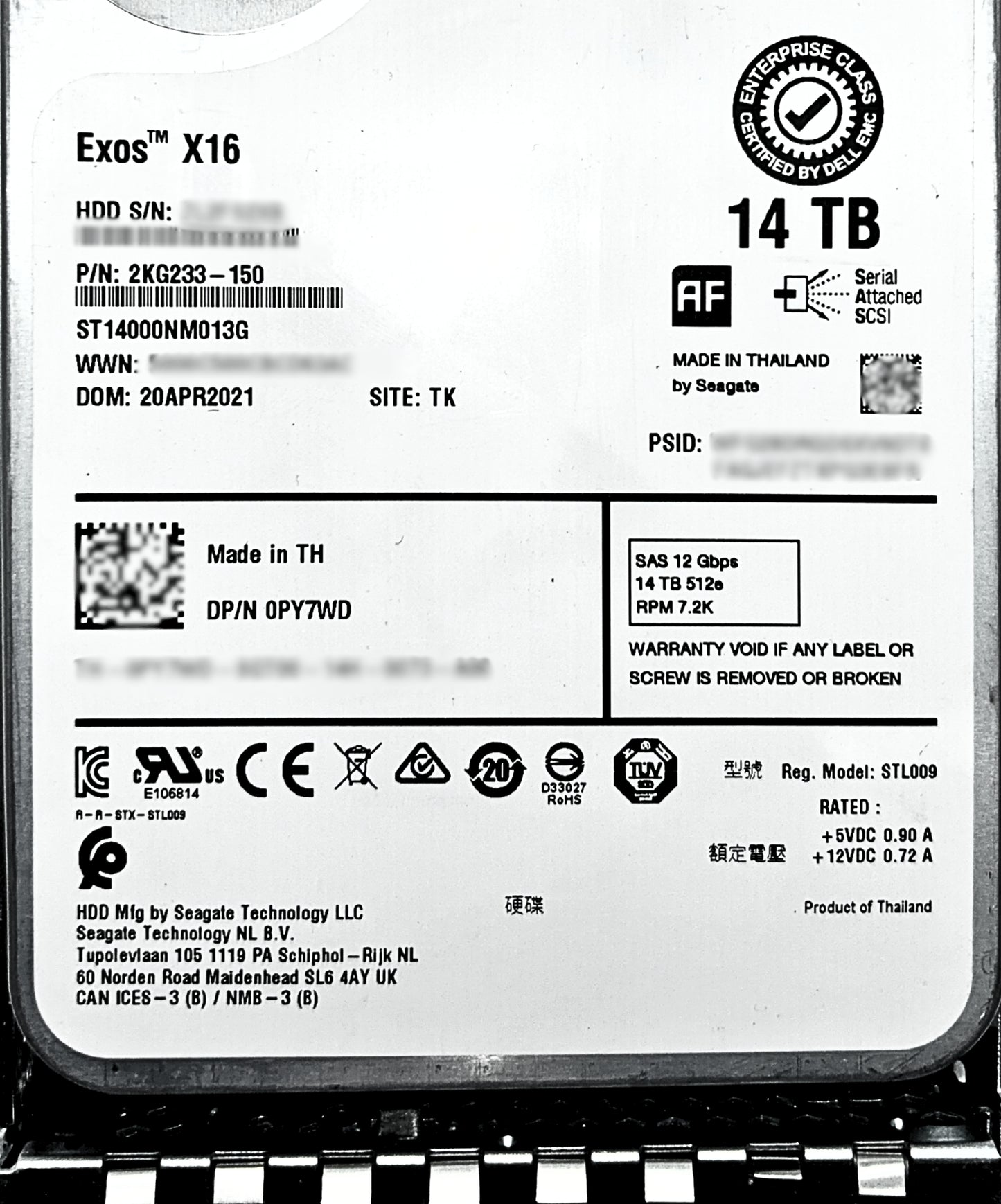 Dell PY7WD 14TB 7.2K SAS 3.5 12G ST14000NM013G, Used