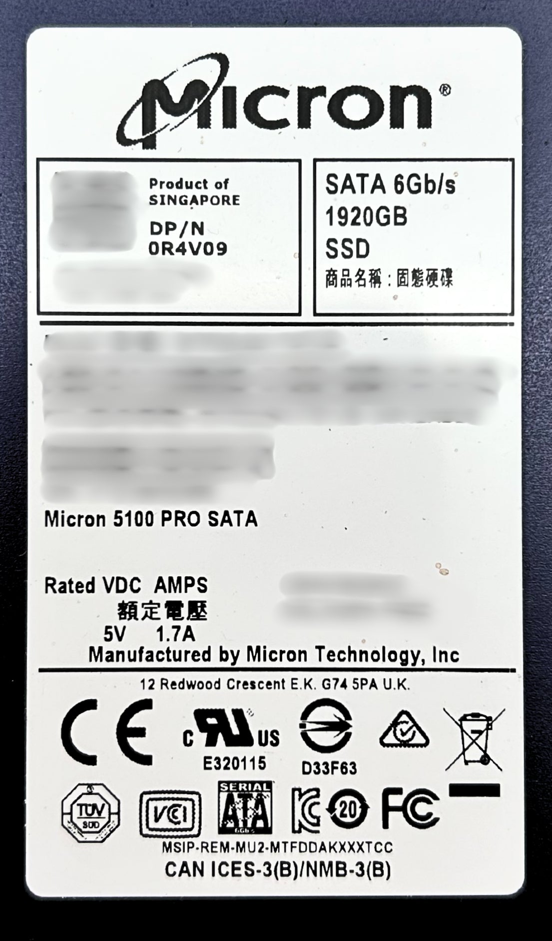 Dell R4V09 1.92TB SSD SATA 2.5 6G MU 5100 PRO, Used