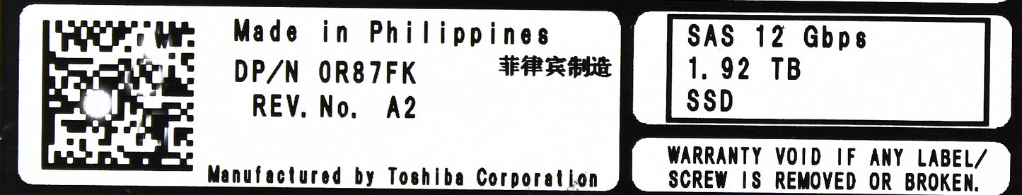 Dell R87FK 1.92TB SSD SAS 2.5 12G RI PX04SRB192 / SDFAG01DAA01, Used