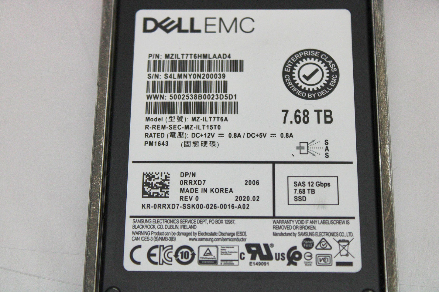 Dell RRXD7-CML 7.68TB SSD SAS 2.5 12G RI PM1643, Used