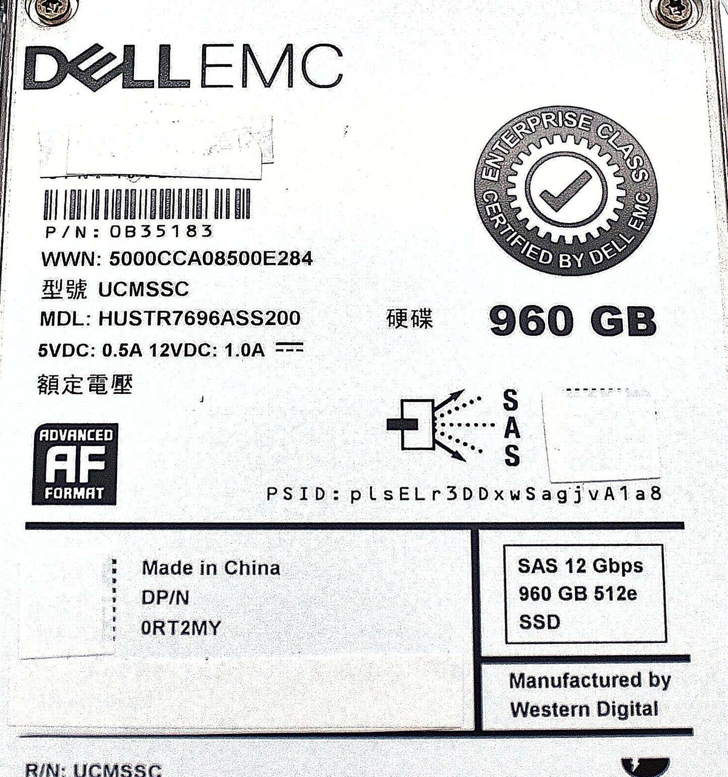 Dell RT2MY 60GB SSD SAS 2.5 12G RI HUSTR7696ASS200 / 0B35183 G14 TRAY, Used