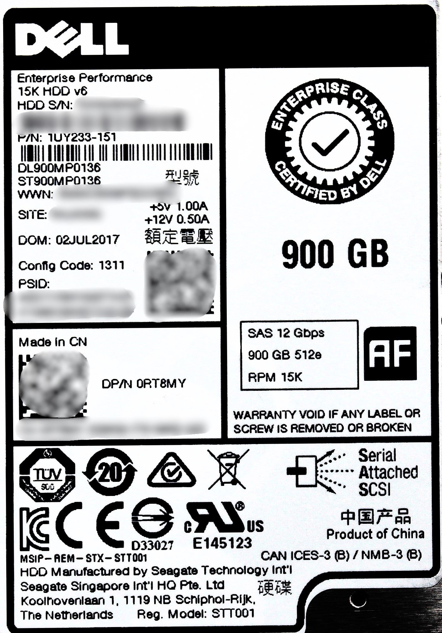 Dell RT8MY 900GB 15K SAS 2.5 12G 512e ST900MP0136 / 1UY233-151 EP, Used