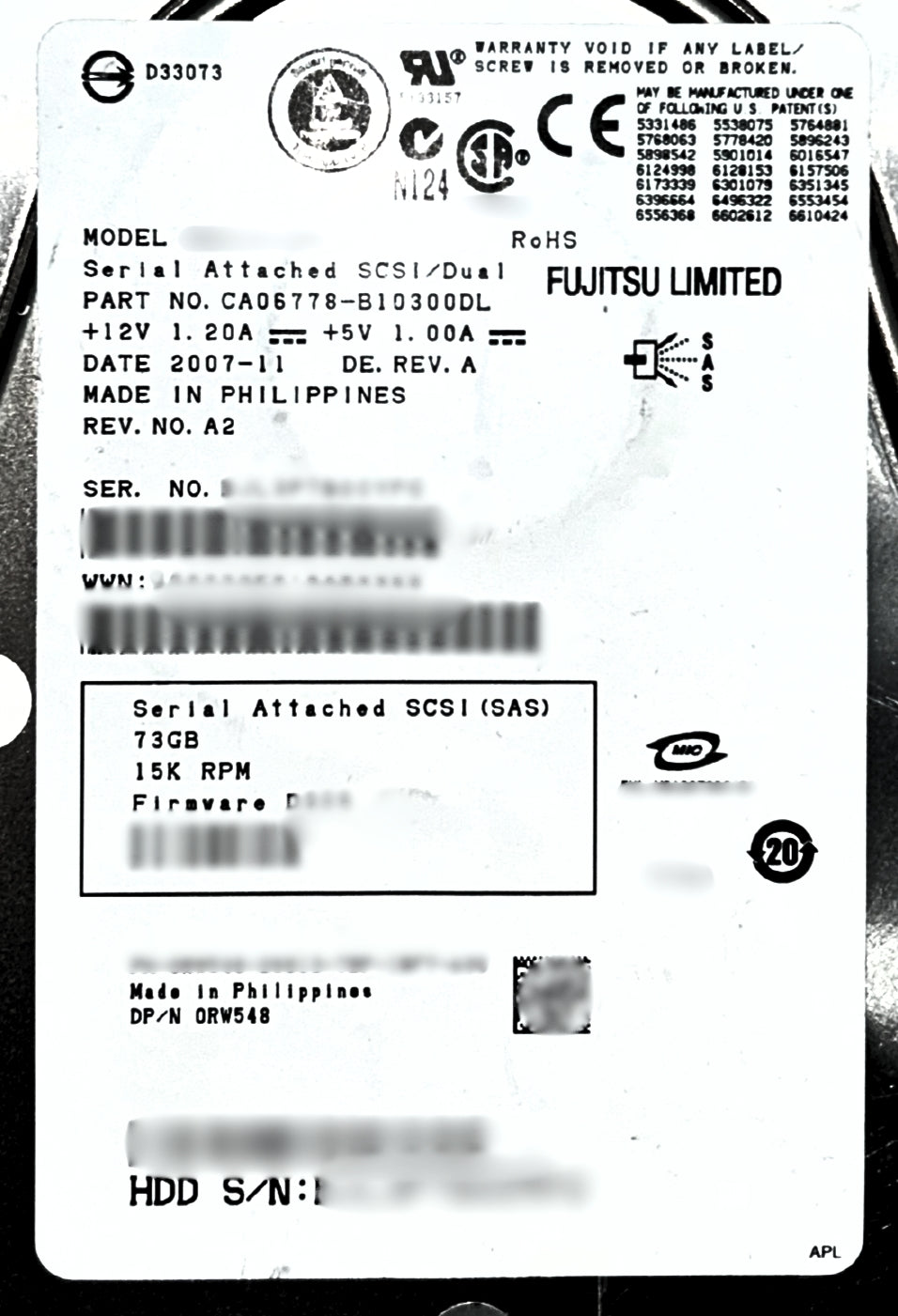 Dell RW548 73GB 15K SAS 3.5 3G HDD, Used