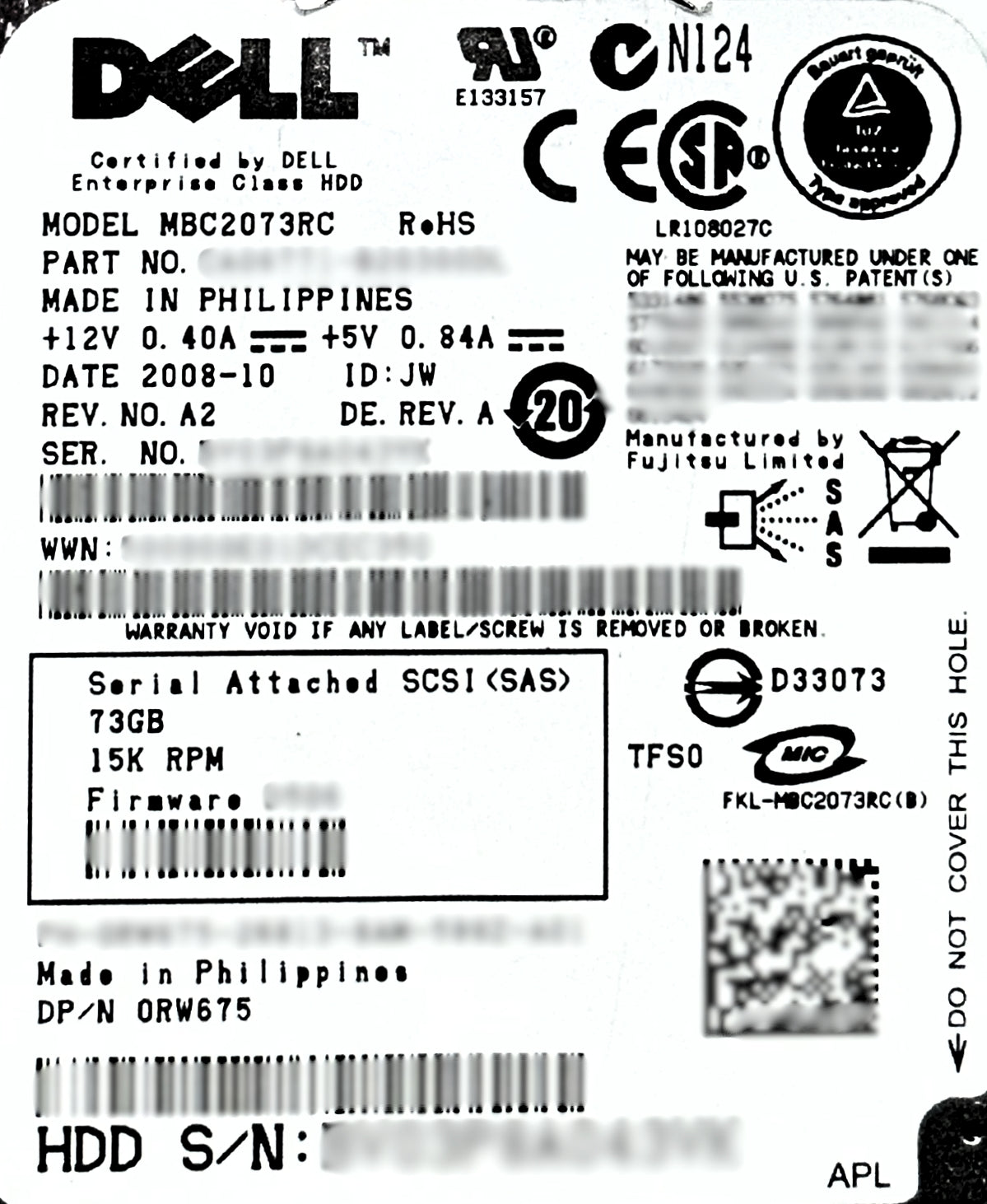Dell RW675 73GB 15K SAS 2.5 3G MBC2073RC, Used