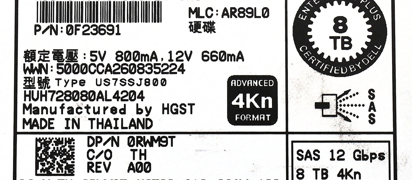 Dell RWM9T-CML Dell Compellent RWM9T 8TB 7.2K SAS 3.5 12G 4K 0F23691 ** ENT+ LVL / EFW - GF37, Used