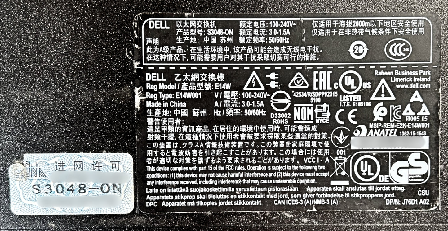 Dell S3048-ON Dell Networking S3048-ON 48-Port 1GbE 4x SFP + 10GbE ports Rear To Front Airflow, dual power, Used