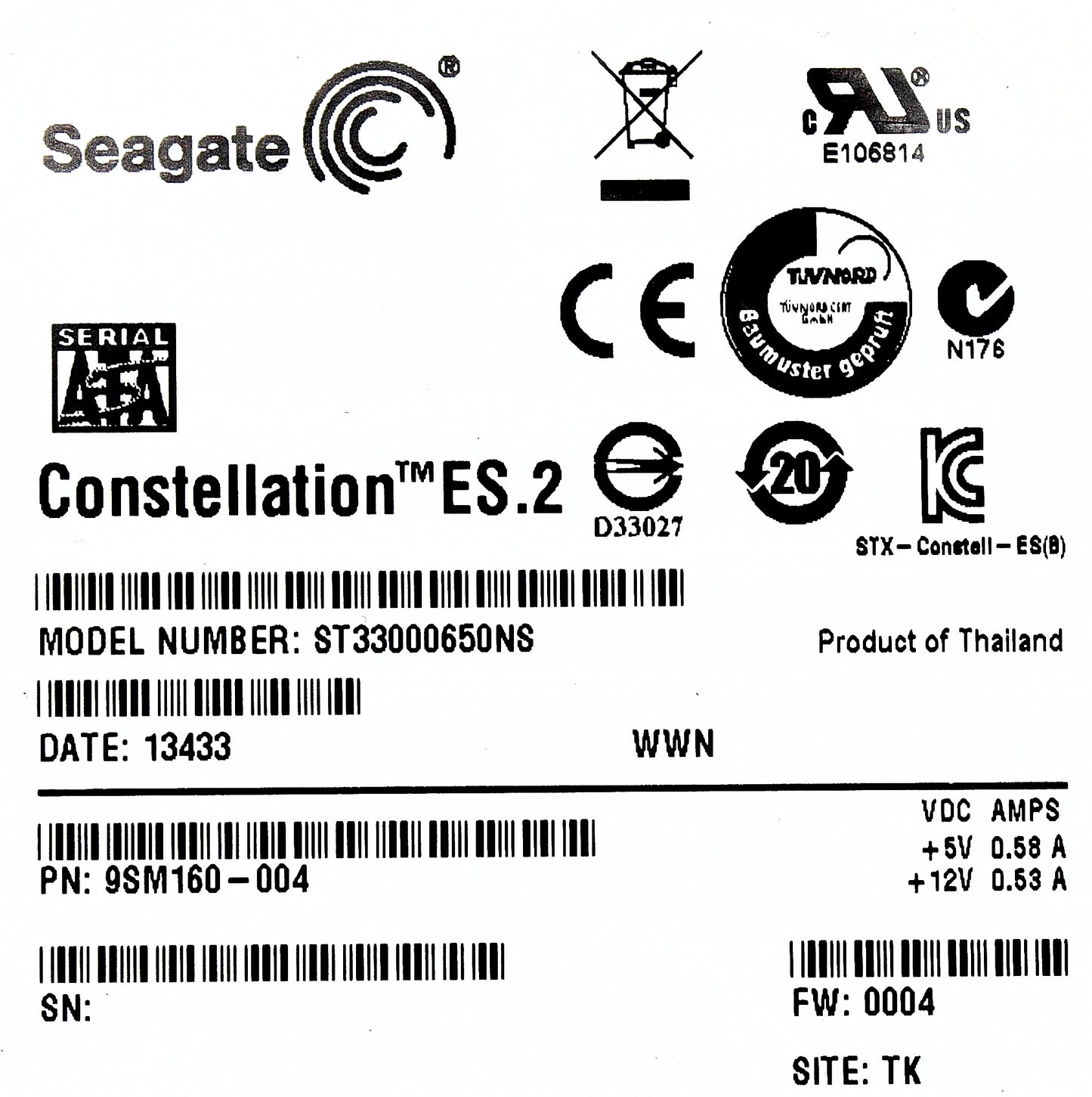 Dell ST33000650NS 3TB 7.2K SATA 3.5 6G EP ST33000650NS / 9SM160-036, Used