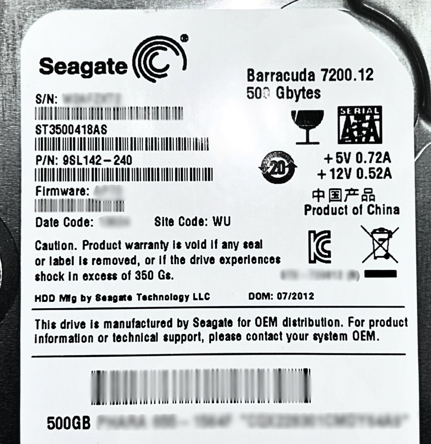 Dell ST3500418AS 500GB 7.2K SATA 3.5 3G 16M, Used