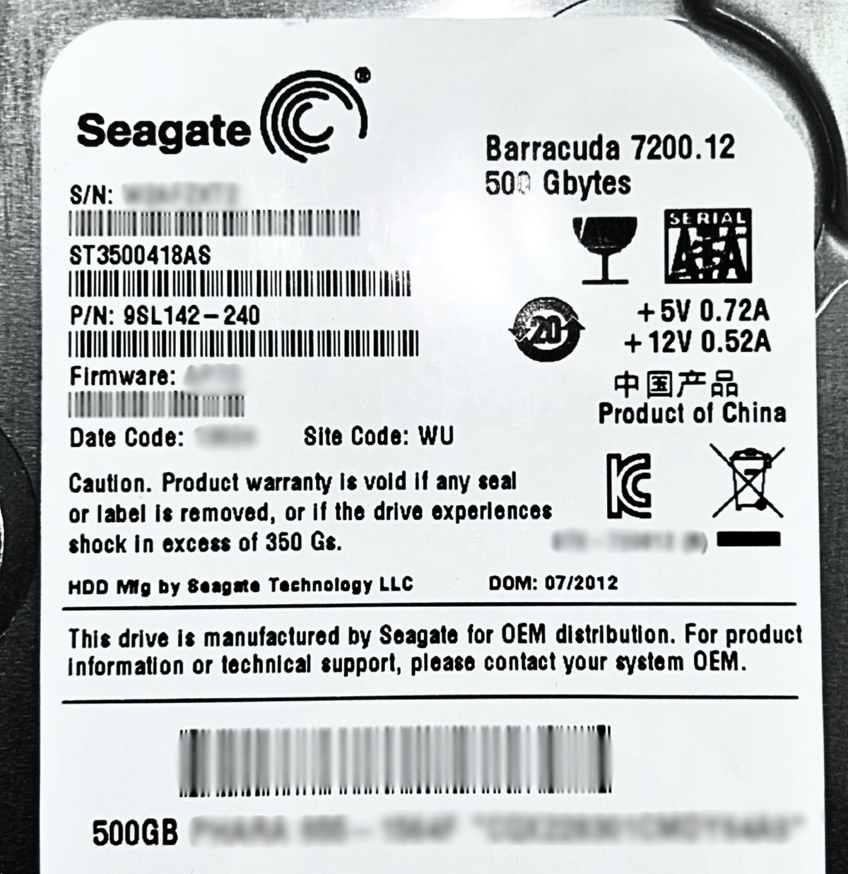 Dell ST3500418AS 500GB 7.2K SATA 3.5 3G 16M, Used
